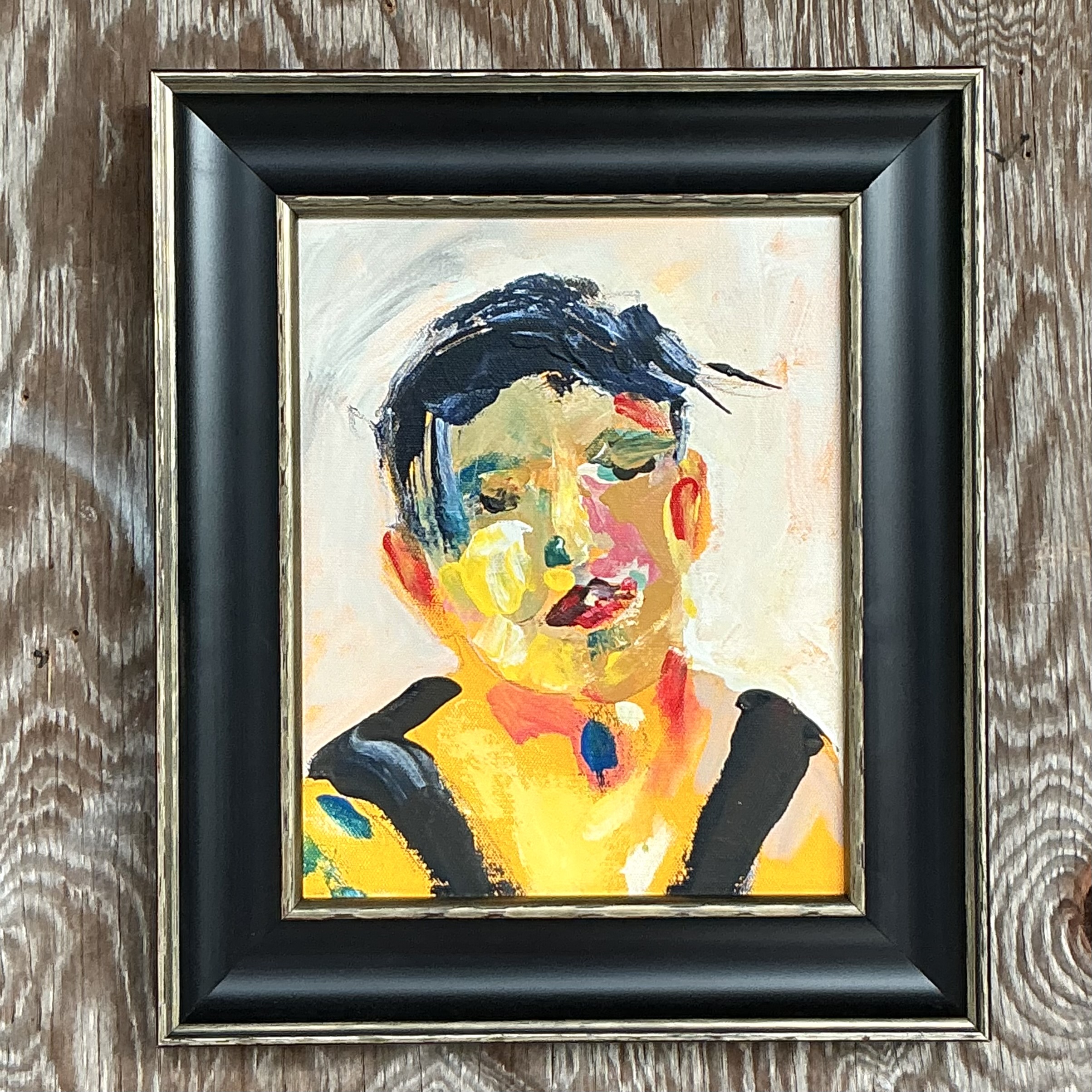 Vintage Boho Original Oil Portrait on Board - Side view