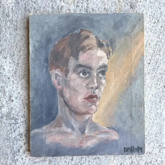 Vintage Boho Original Oil Portrait on Board - Top view