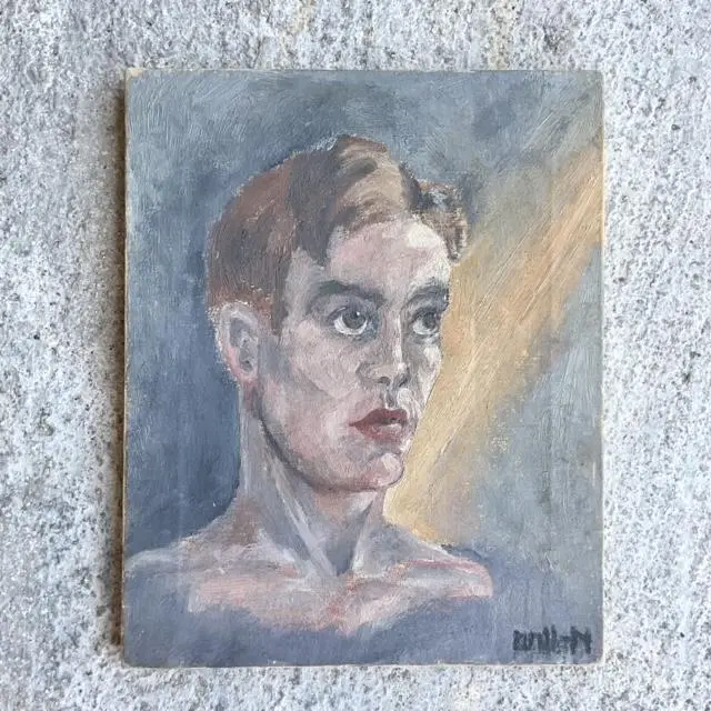 Vintage Boho Original Oil Portrait on Board - Detail view