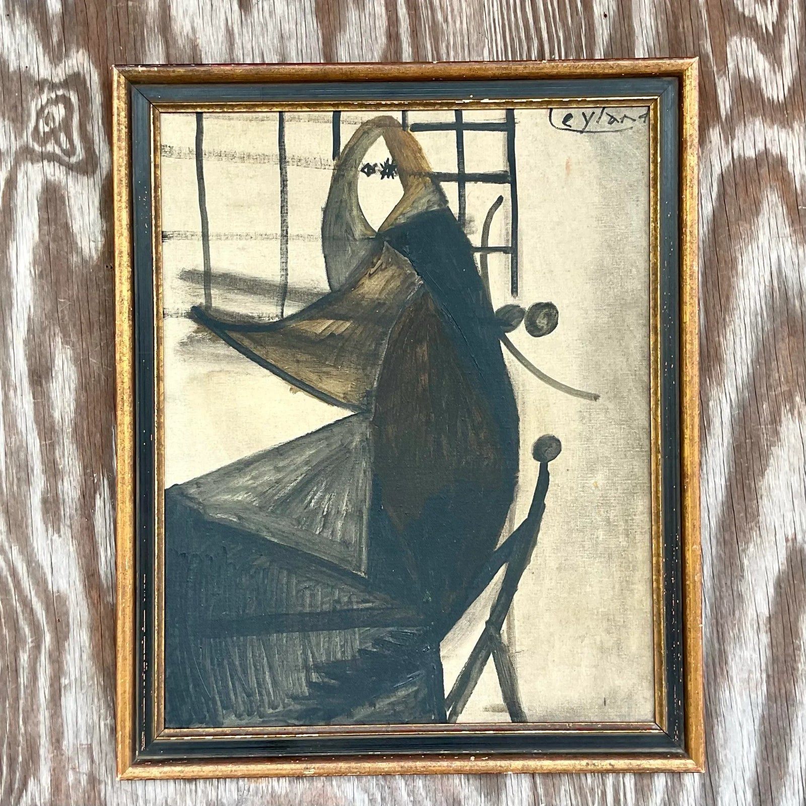Vintage Boho Original Oil Portrait on Board - Top view