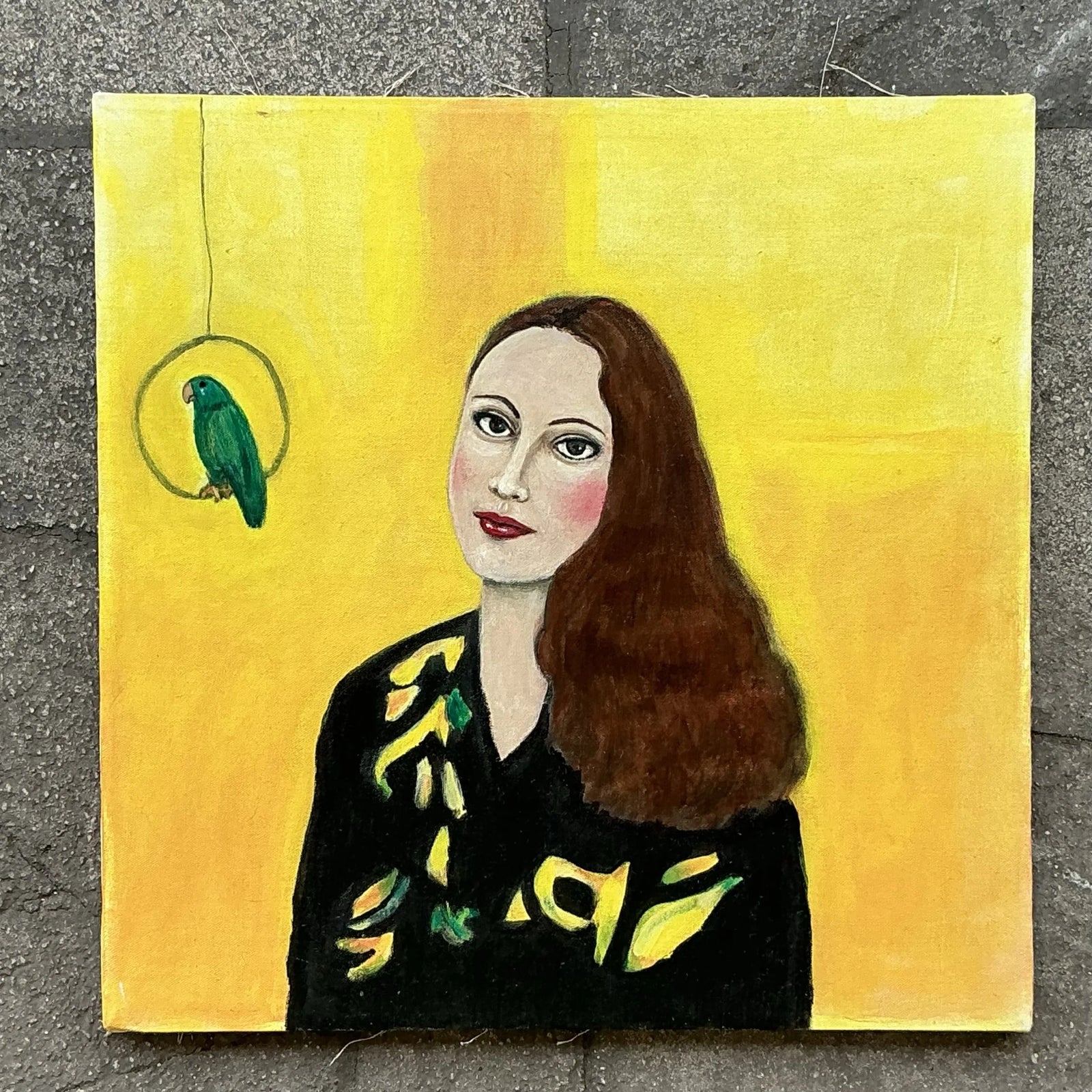 Vintage Boho Original Oil Portrait on Canvas - Top view