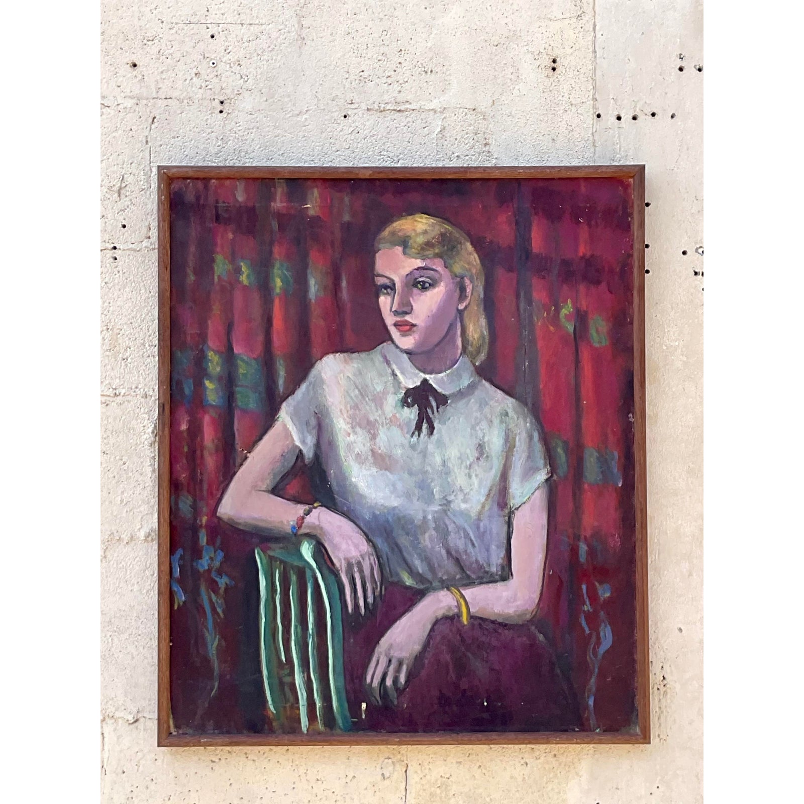 Vintage Boho Original Oil Portrait on Canvas - Detail view