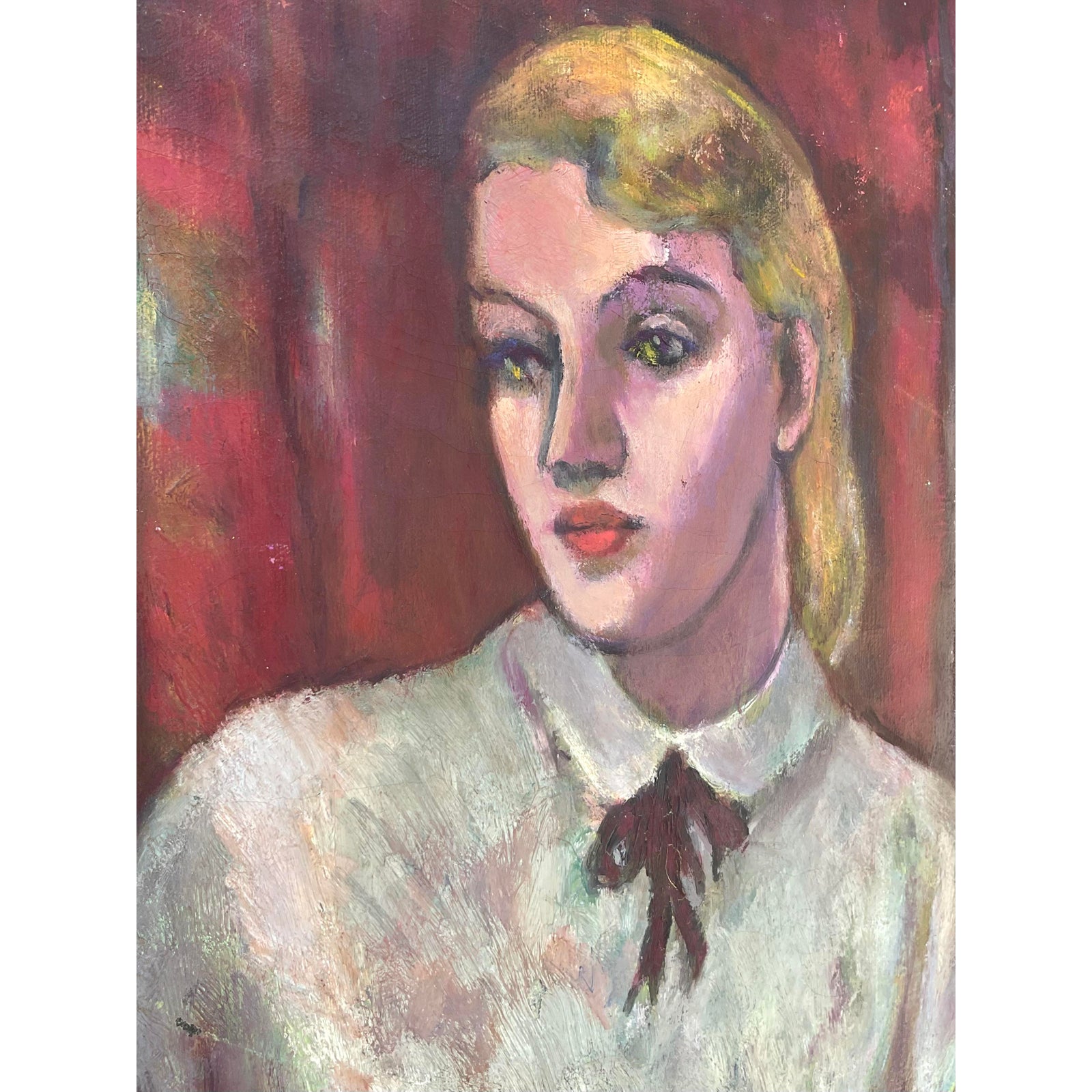 Vintage Boho Original Oil Portrait on Canvas - Top view