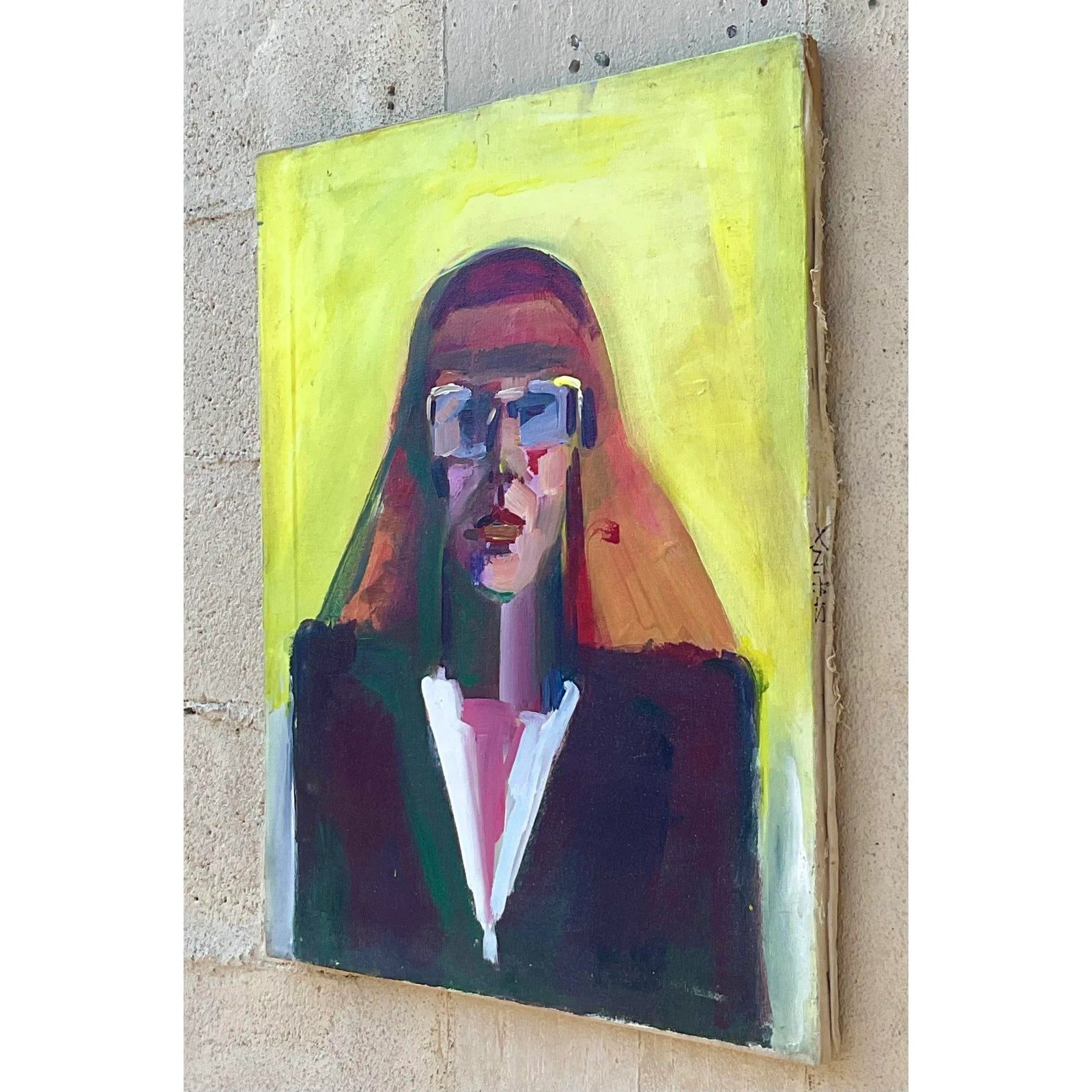 Vintage Boho Original Oil Portrait on Canvas Painting - Detail view