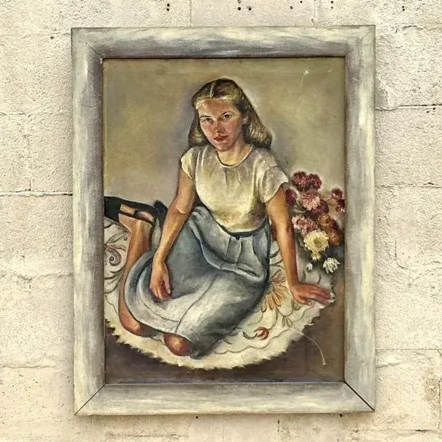 Vintage Boho Original Oil Portrait Painting on Canvas - Detail view