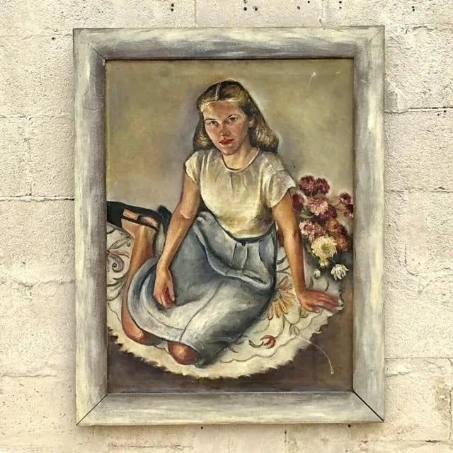 Vintage Boho Original Oil Portrait Painting on Canvas - Side view