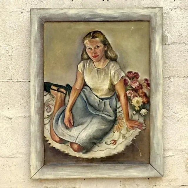 Vintage Boho Original Oil Portrait Painting on Canvas - Top view