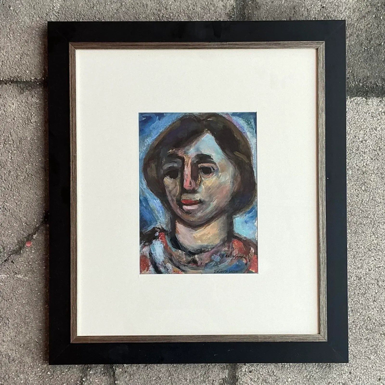 Vintage Boho Original Oil Portrait Painting on Paper - Top view