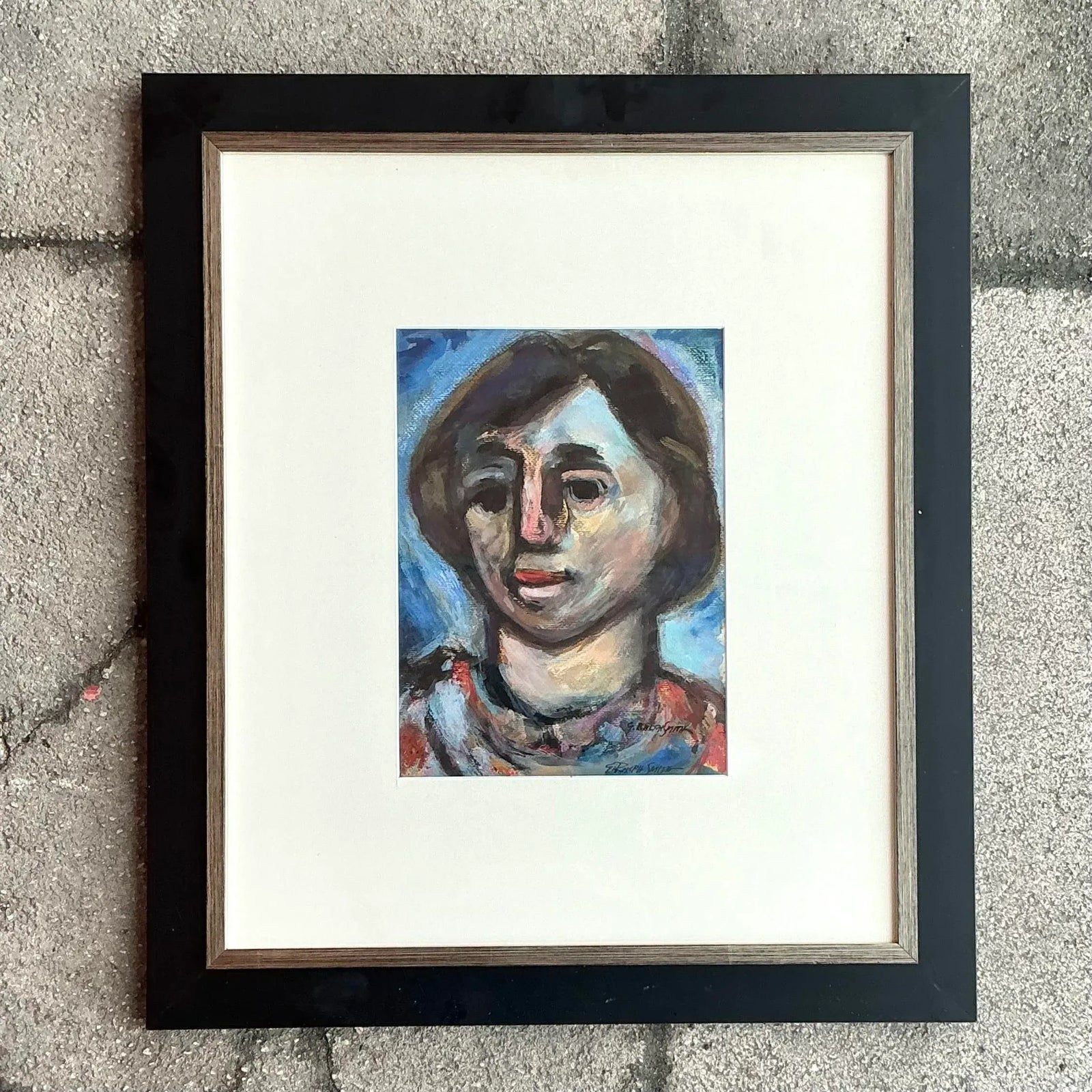 Vintage Boho Original Oil Portrait Painting on Paper - Side view