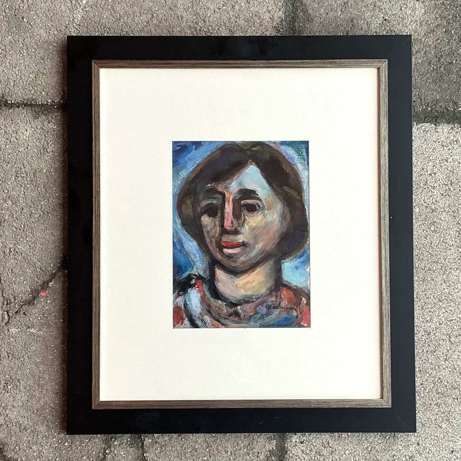 Vintage Boho Original Oil Portrait Painting on Paper - Detail view
