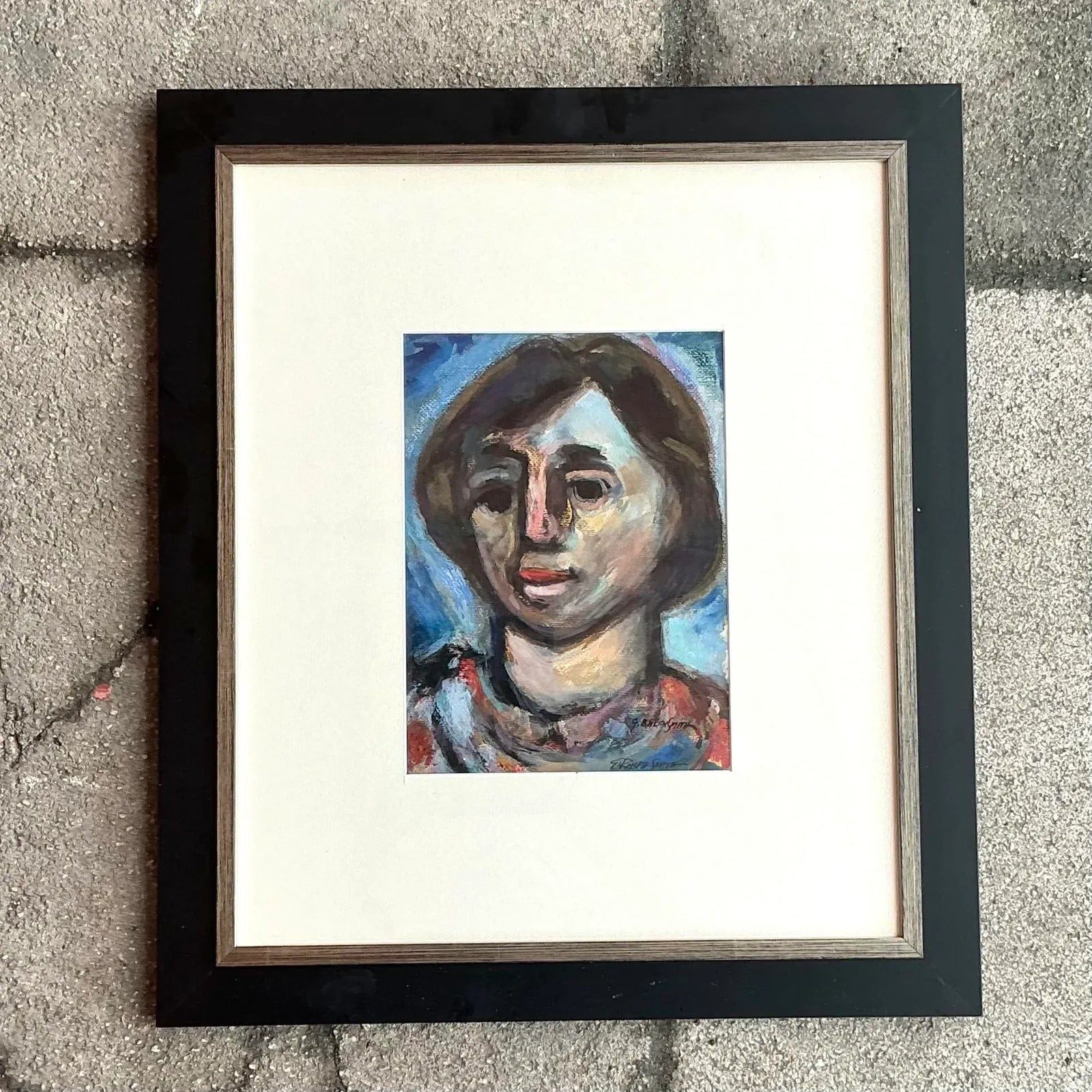 Vintage Boho Original Oil Portrait Painting on Paper - Back view