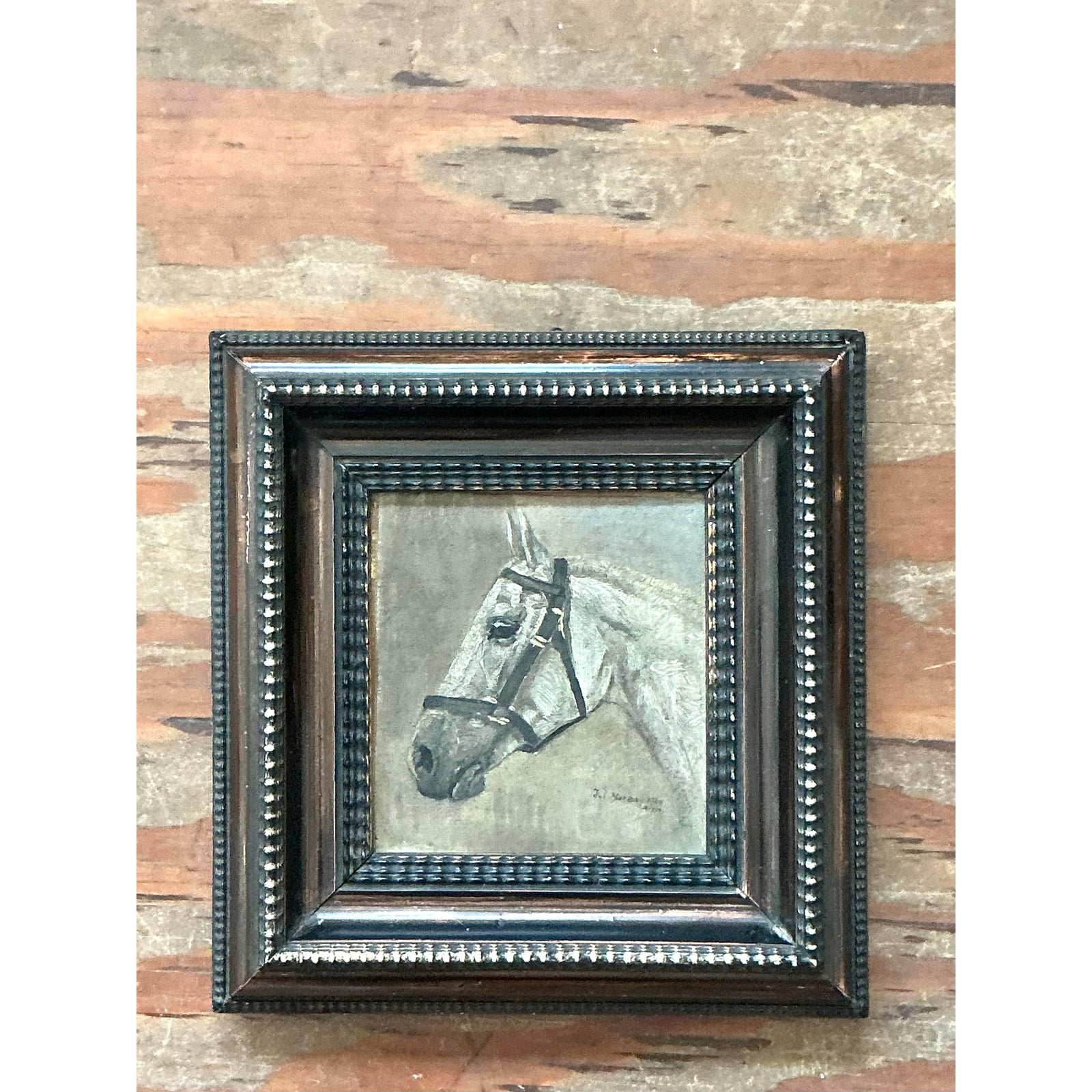 Vintage Boho Original Painting of Horse Head on Board - Top view