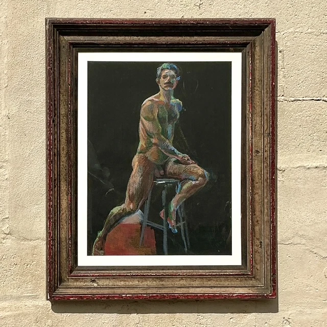Vintage Boho Original Pastel Crayon Nude Portrait Of Man - Side view