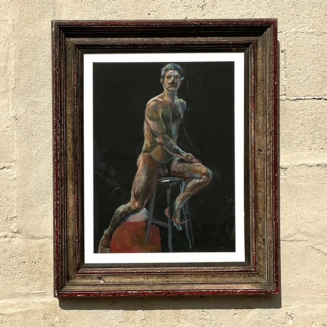 Vintage Boho Original Pastel Crayon Nude Portrait Of Man - Top view
