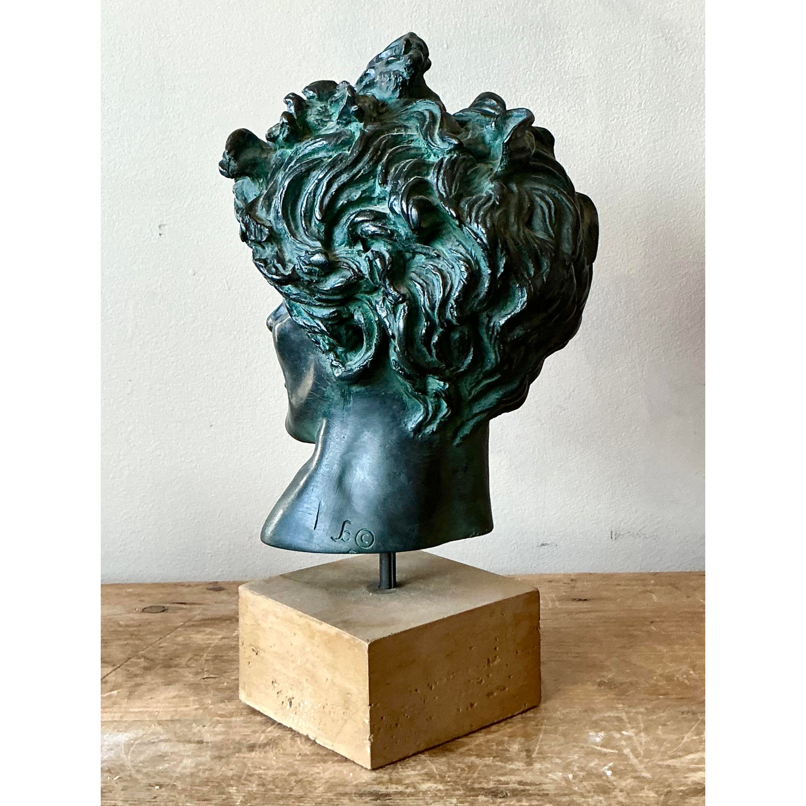 Vintage Boho Original Patinated Bust of Man - Top view