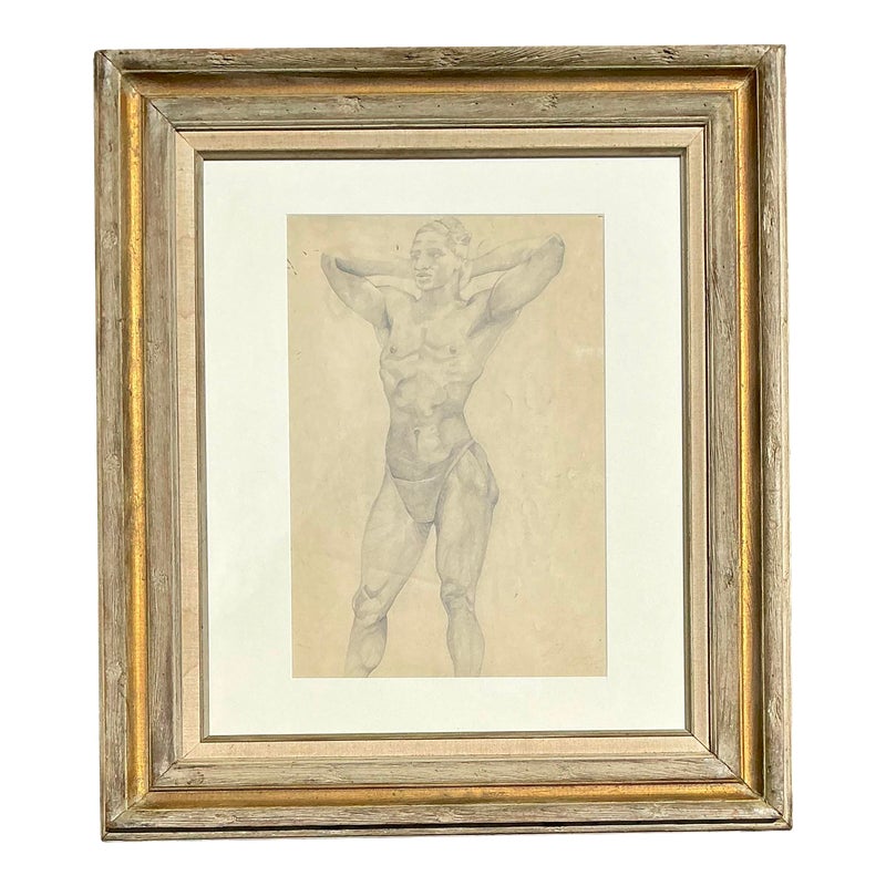 Vintage Boho Original Pencil Drawing of Male Figure - Detail view