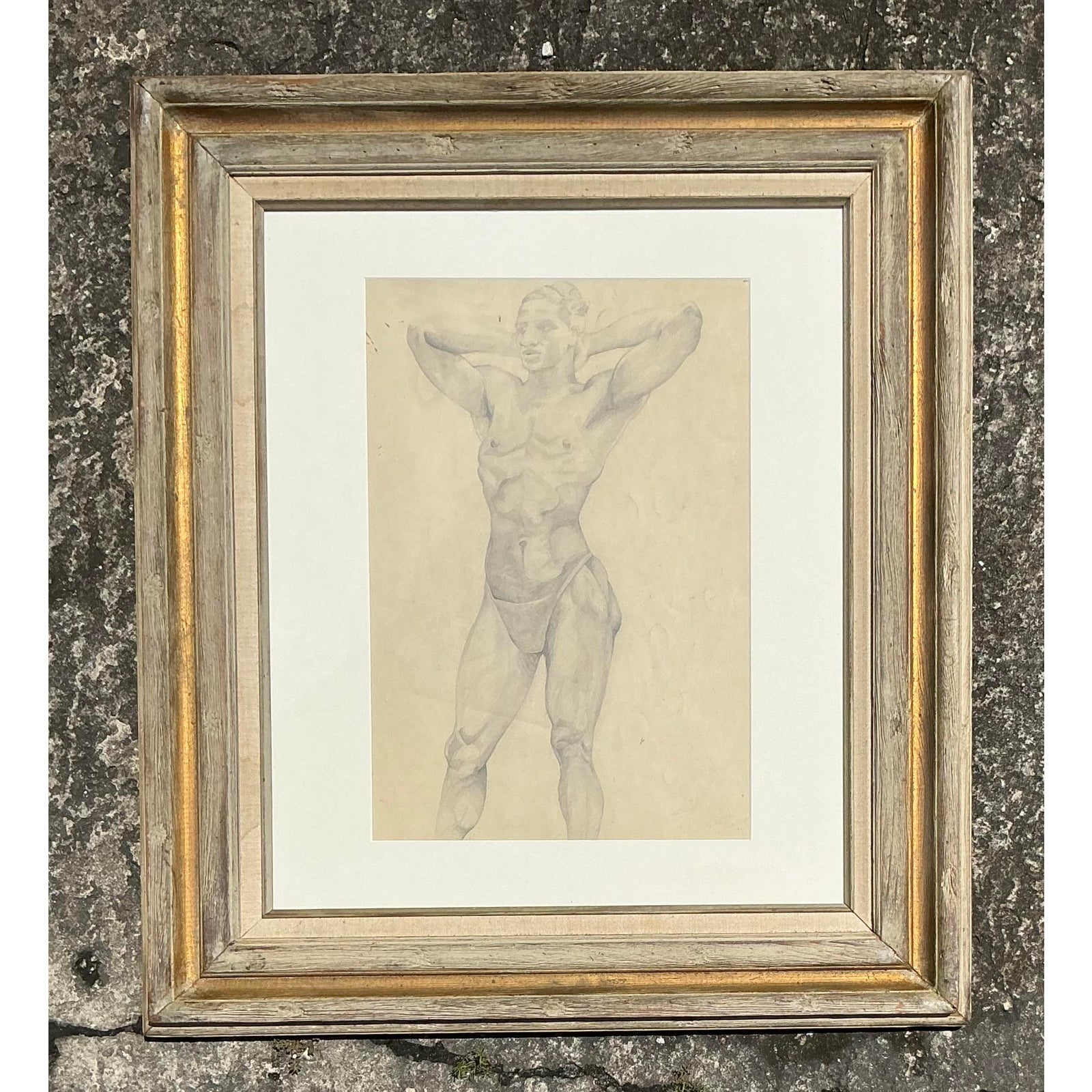 Vintage Boho Original Pencil Drawing of Male Figure - Top view