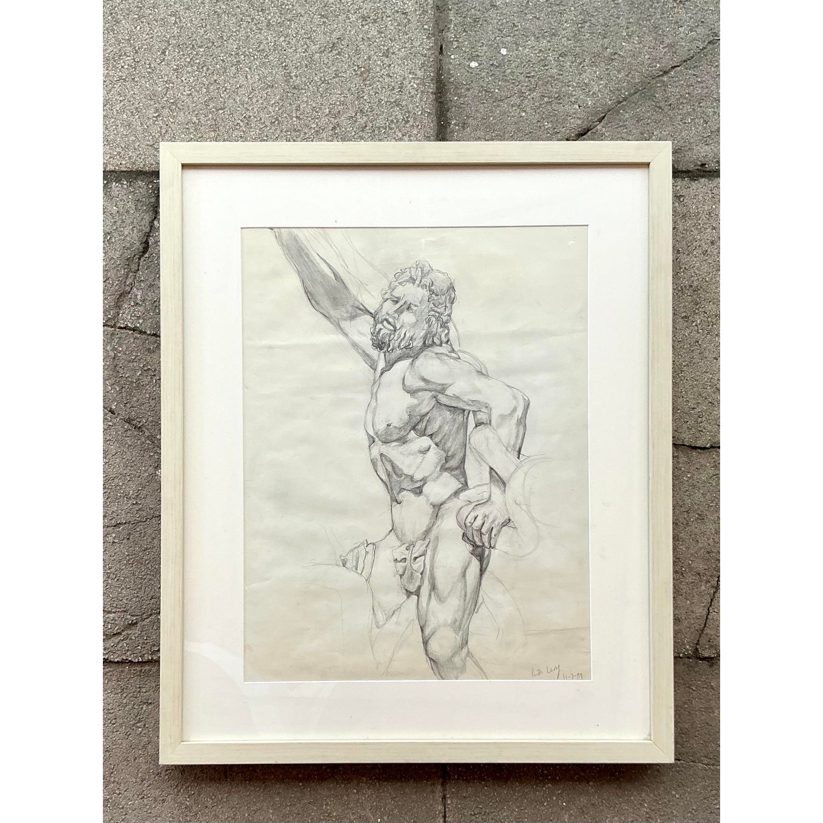 Vintage Boho Original Pencil Sketch of Man - Detail view