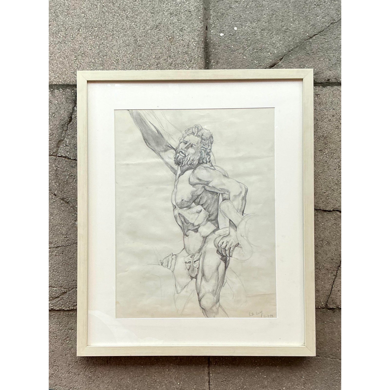 Vintage Boho Original Pencil Sketch of Man - Back view