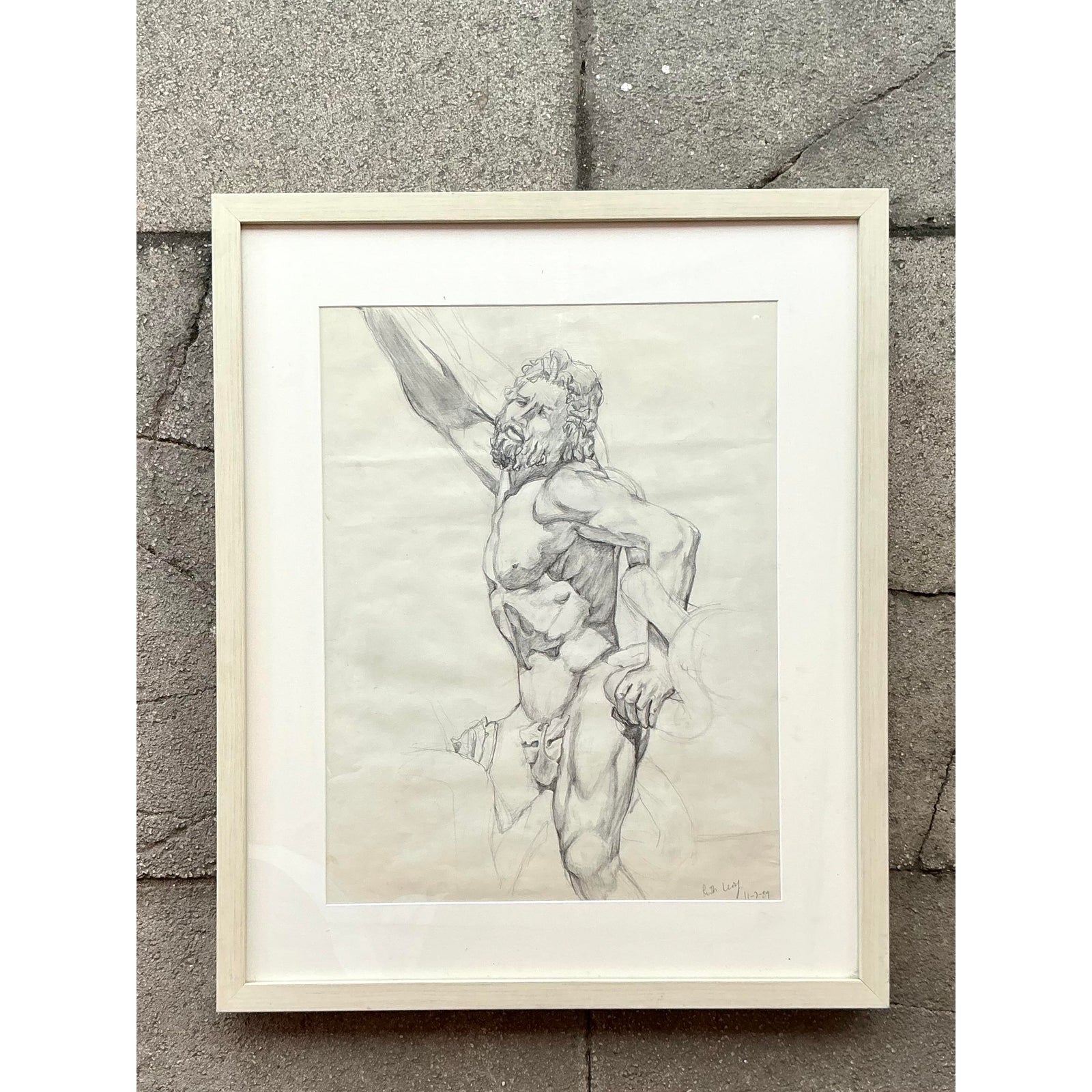 Vintage Boho Original Pencil Sketch of Man - Top view