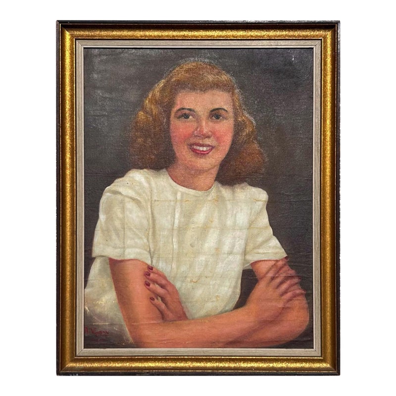 Vintage Boho Original Portrait of Lady Oil on Board