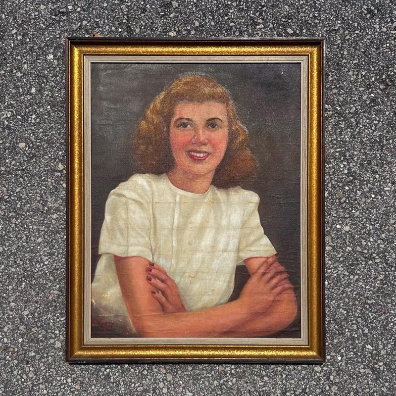 Vintage Boho Original Portrait of Lady Oil on Board - Side view
