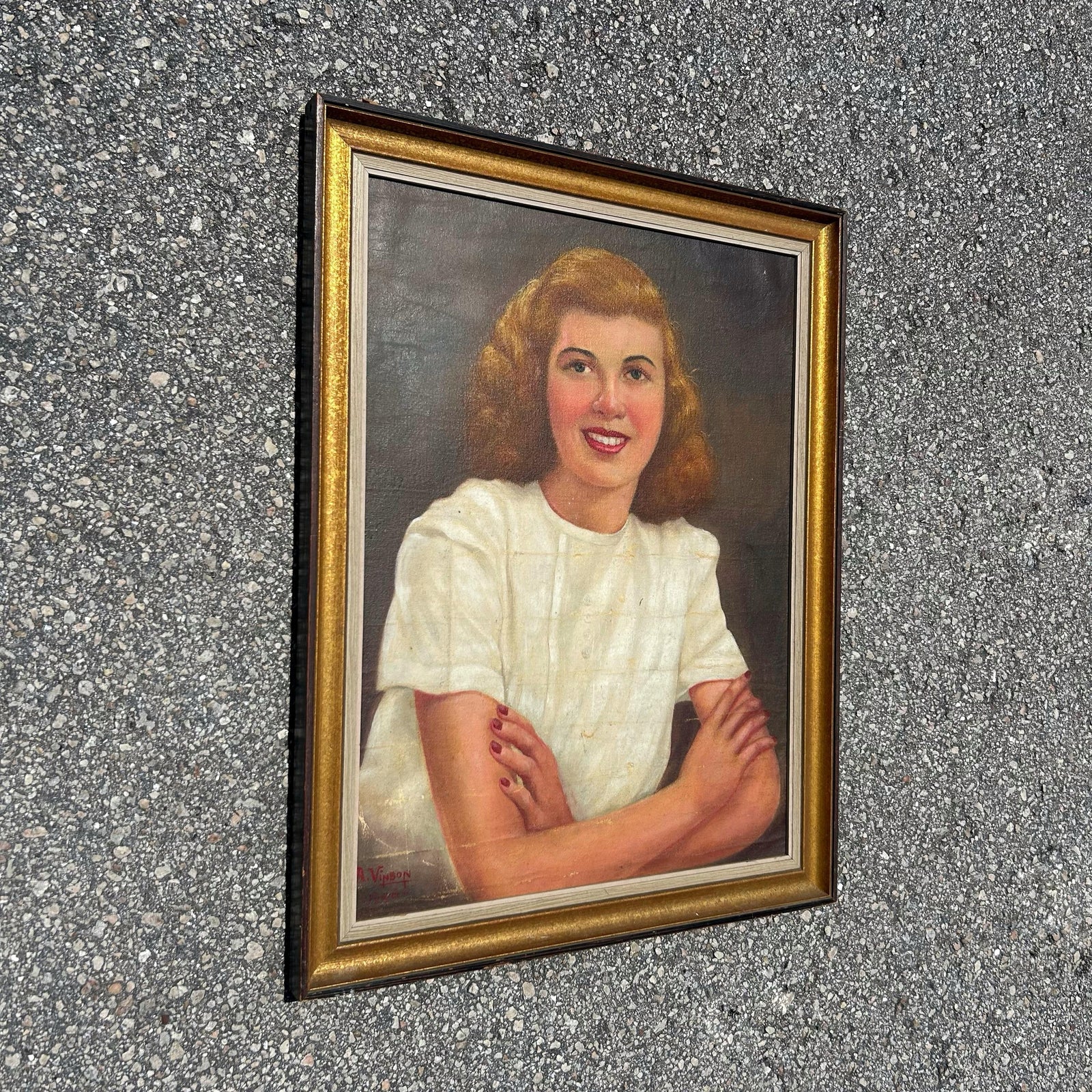 Vintage Boho Original Portrait of Lady Oil on Board - Top view