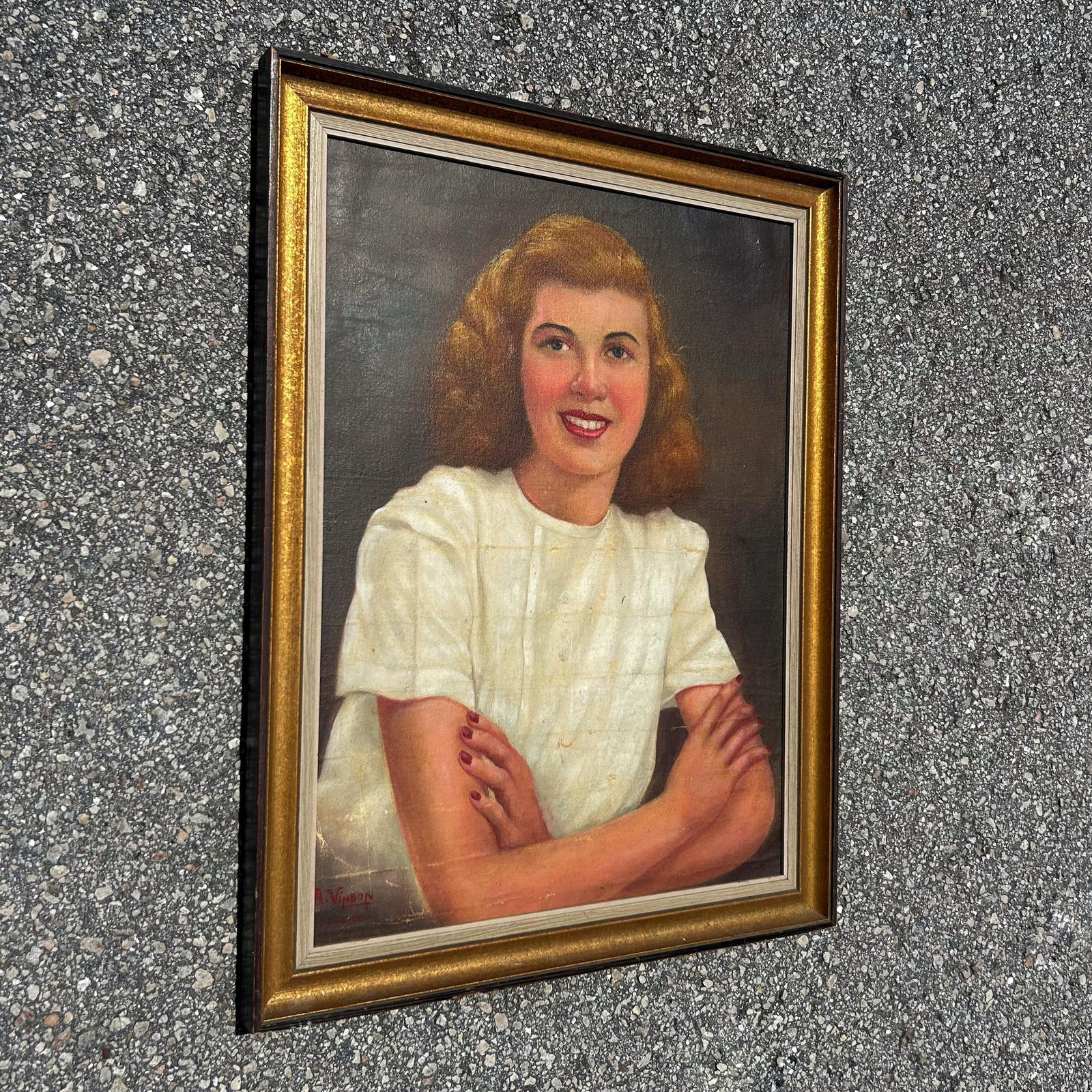Vintage Boho Original Portrait of Lady Oil on Board - Back view