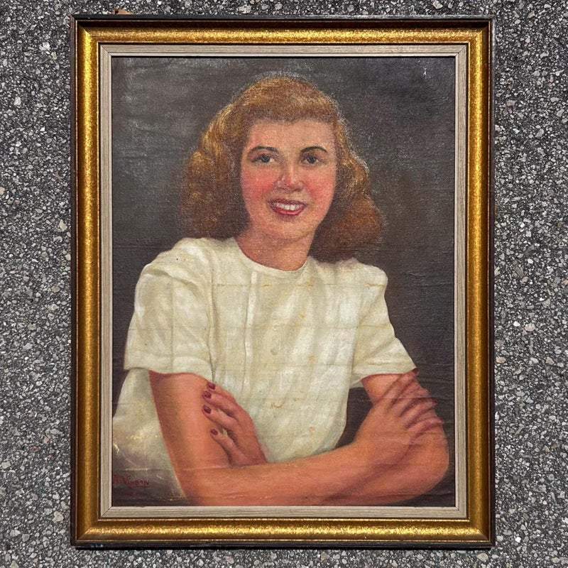 Vintage Boho Original Portrait of Lady Oil on Board - Detail view