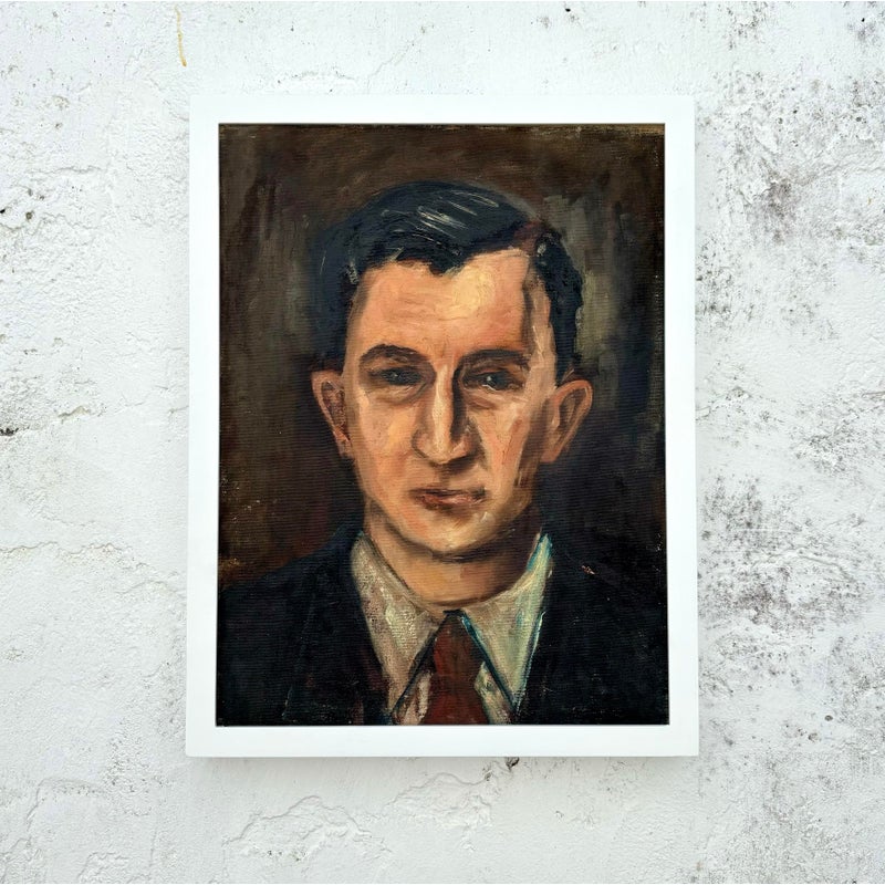 Vintage Boho Original Portrait of Man on Board - Top view