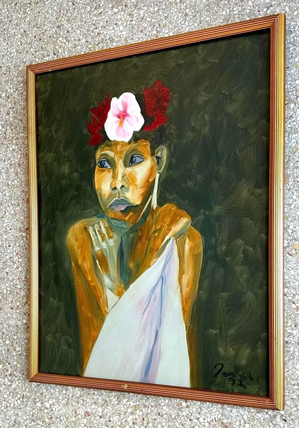 Vintage Boho Original Portrait Painting on Canvas - Detail view