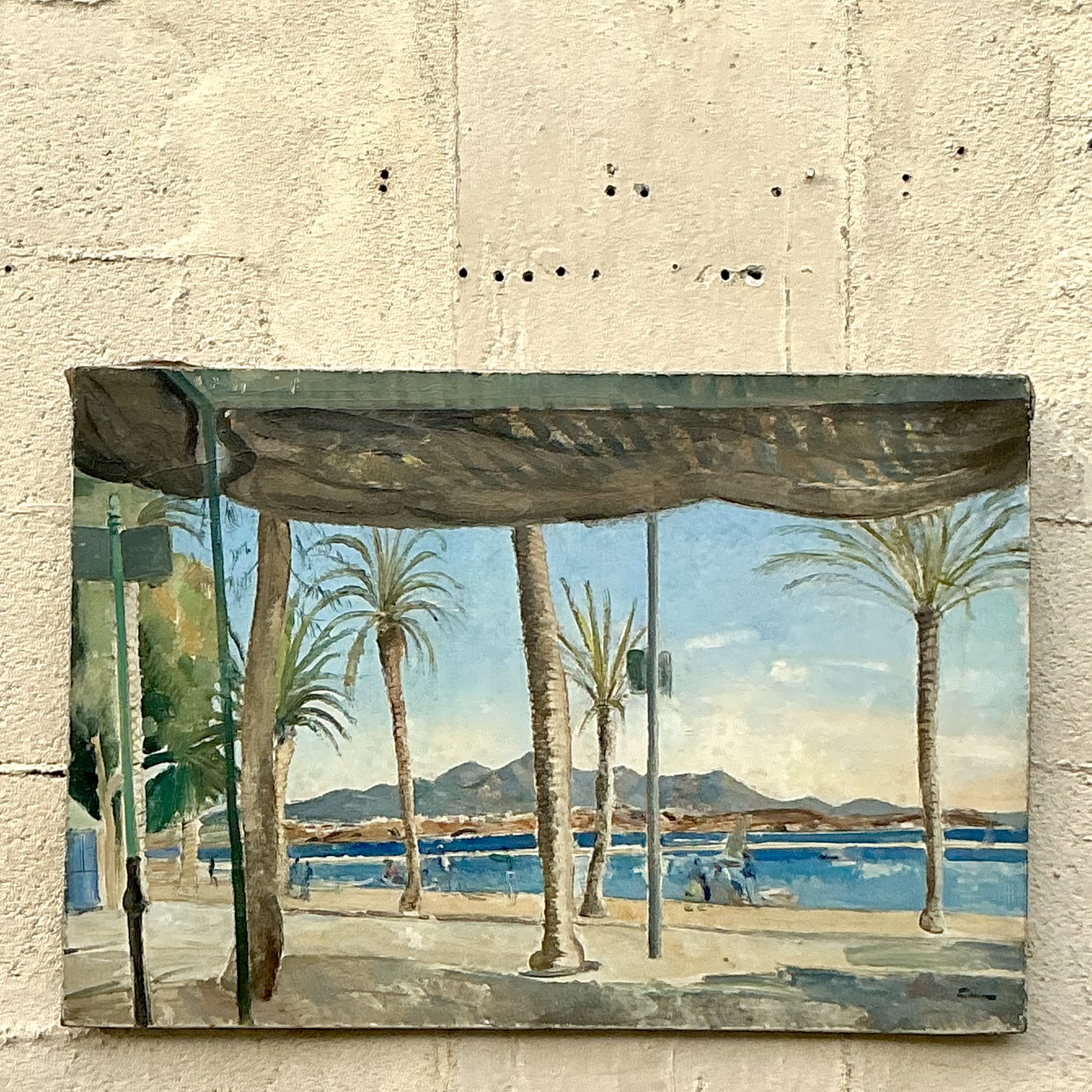 Vintage Boho Original Seascape Oil Painting on Canvas - Top view