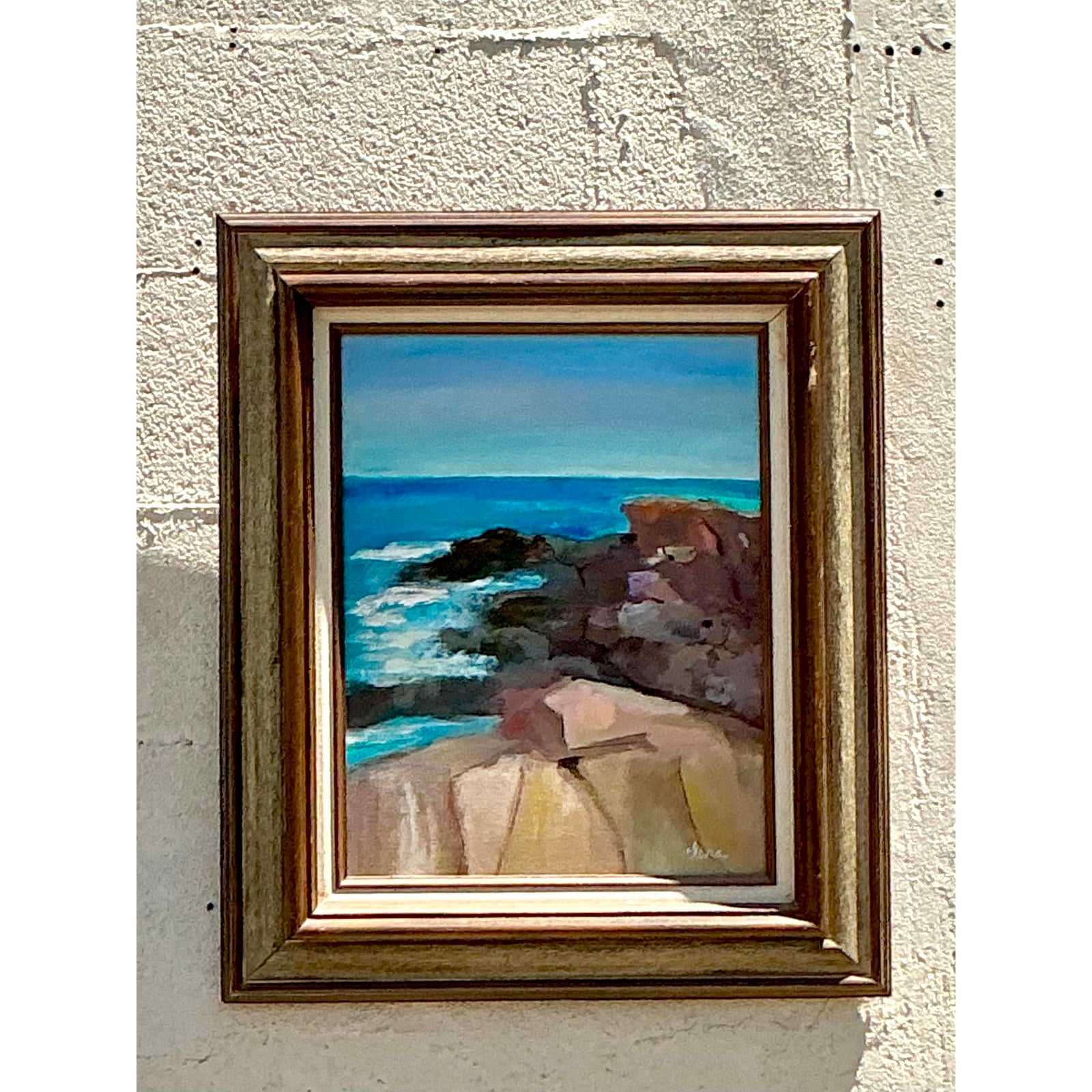 Vintage Boho Original Seascape Oil Painting on Canvas - Detail view