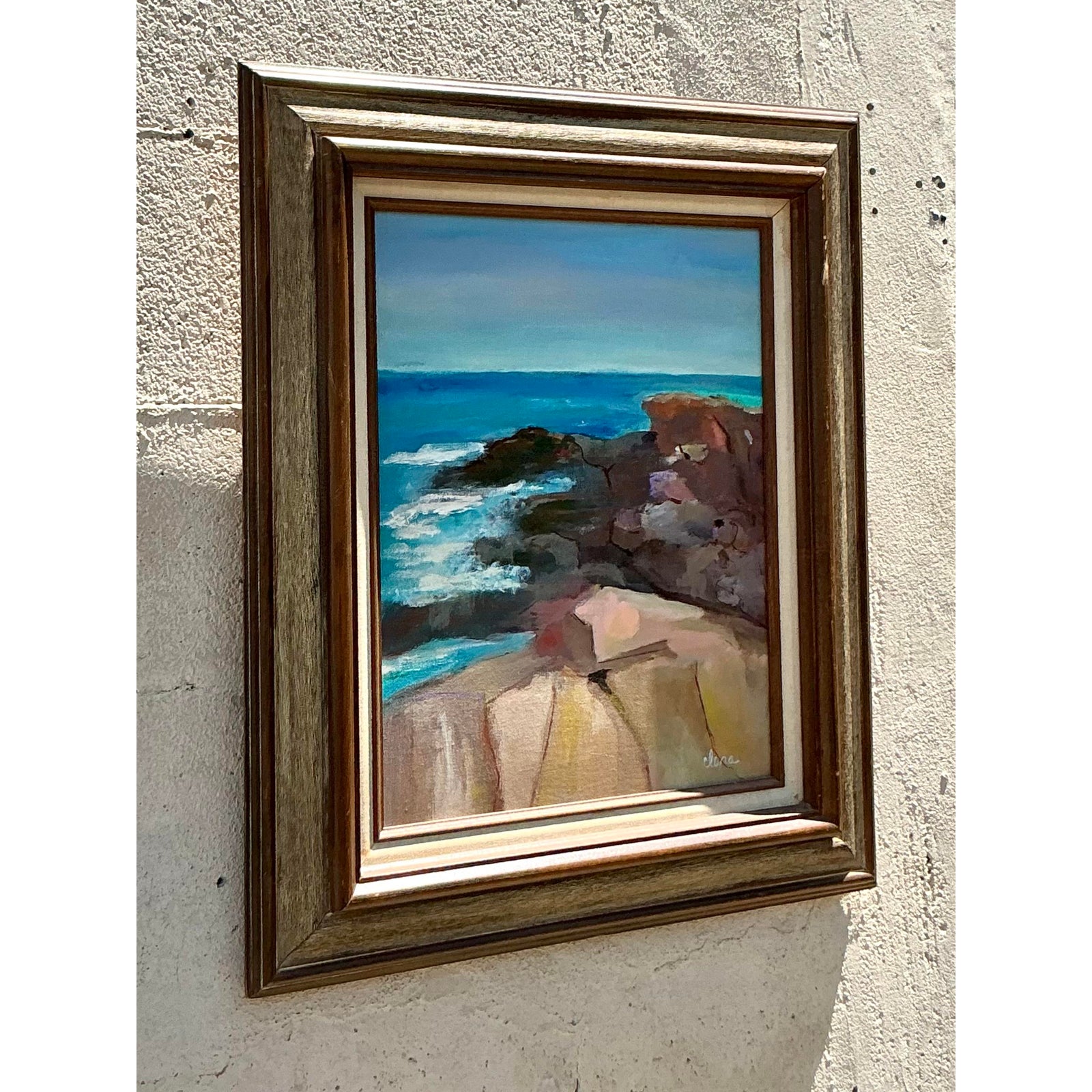Vintage Boho Original Seascape Oil Painting on Canvas - Top view