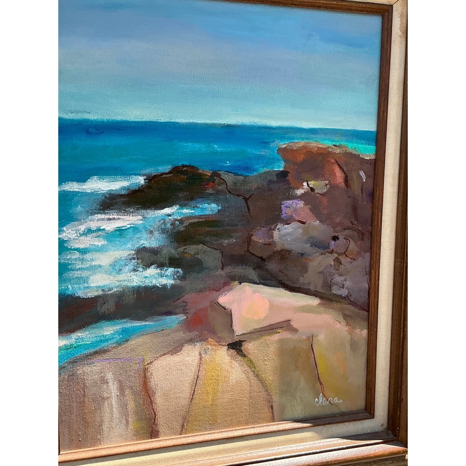 Vintage Boho Original Seascape Oil Painting on Canvas - Back view