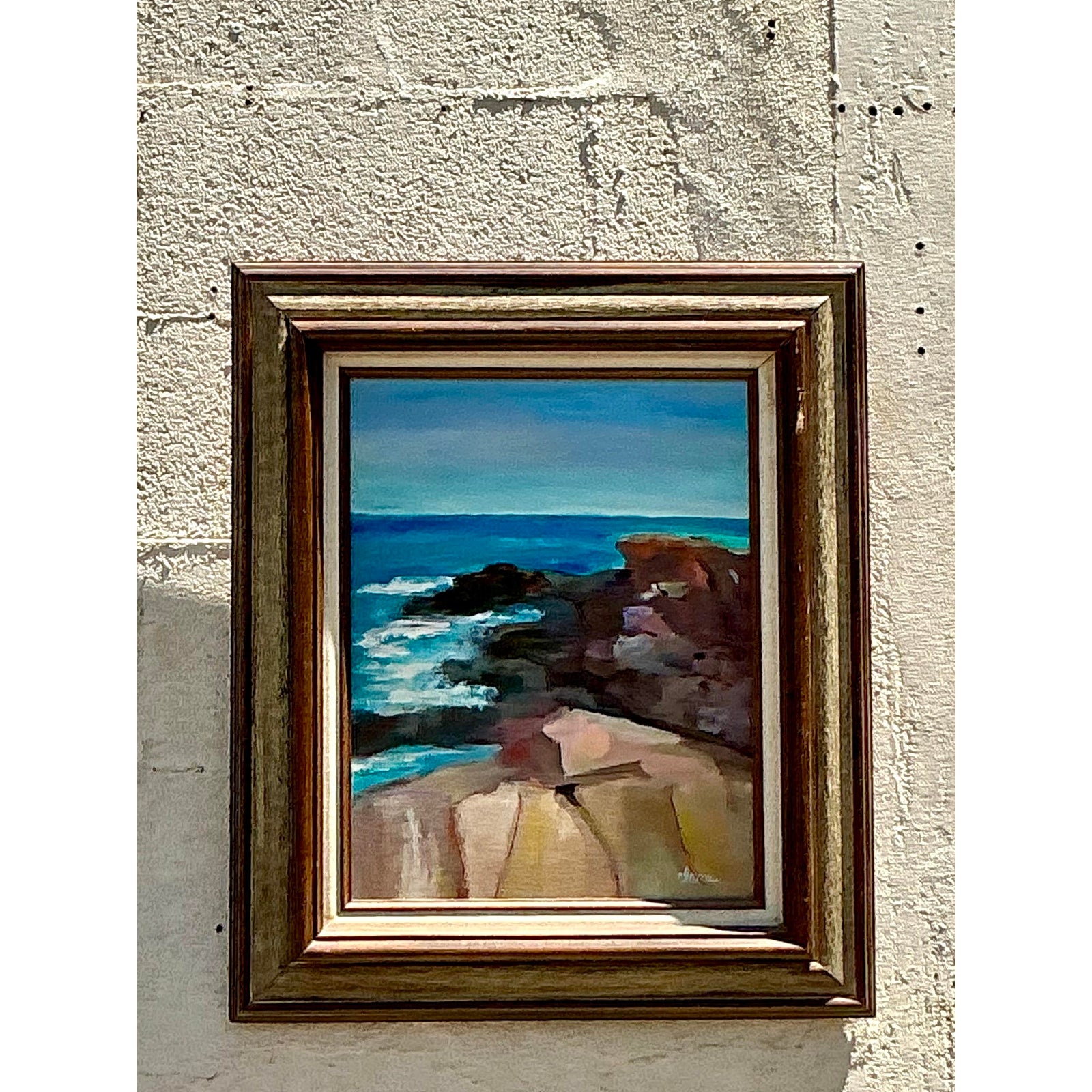 Vintage Boho Original Seascape Oil Painting on Canvas - Side view