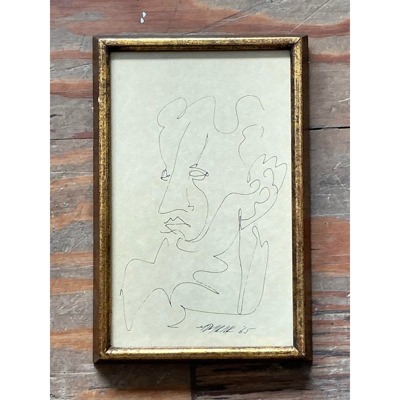 Vintage Boho Original Sketch of Man - Detail view