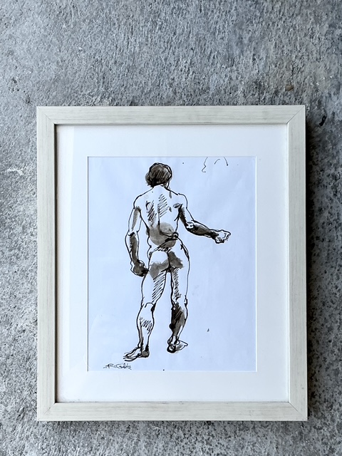 Vintage Boho Original Sketch Of Nude Man - Top view