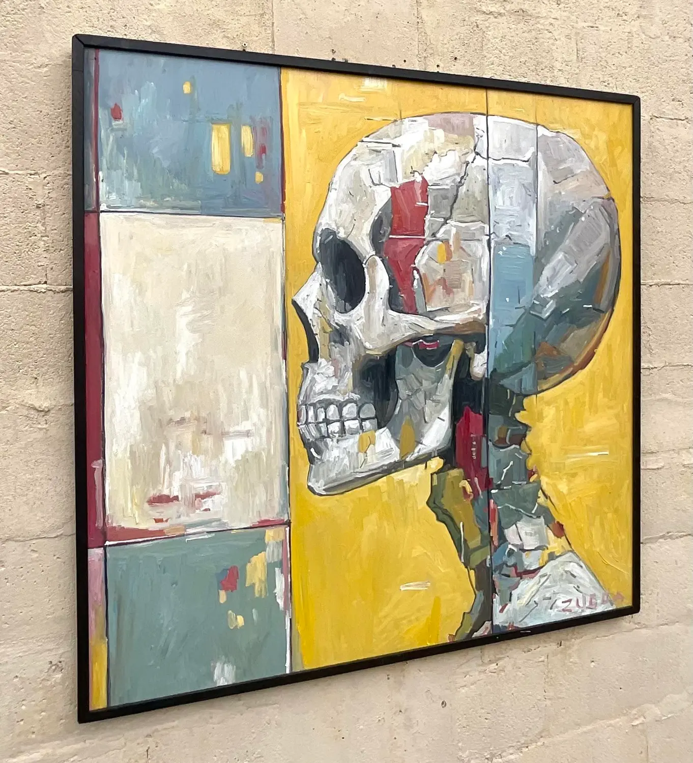 Vintage Boho Original Skull Oil Painting on Board - Back view