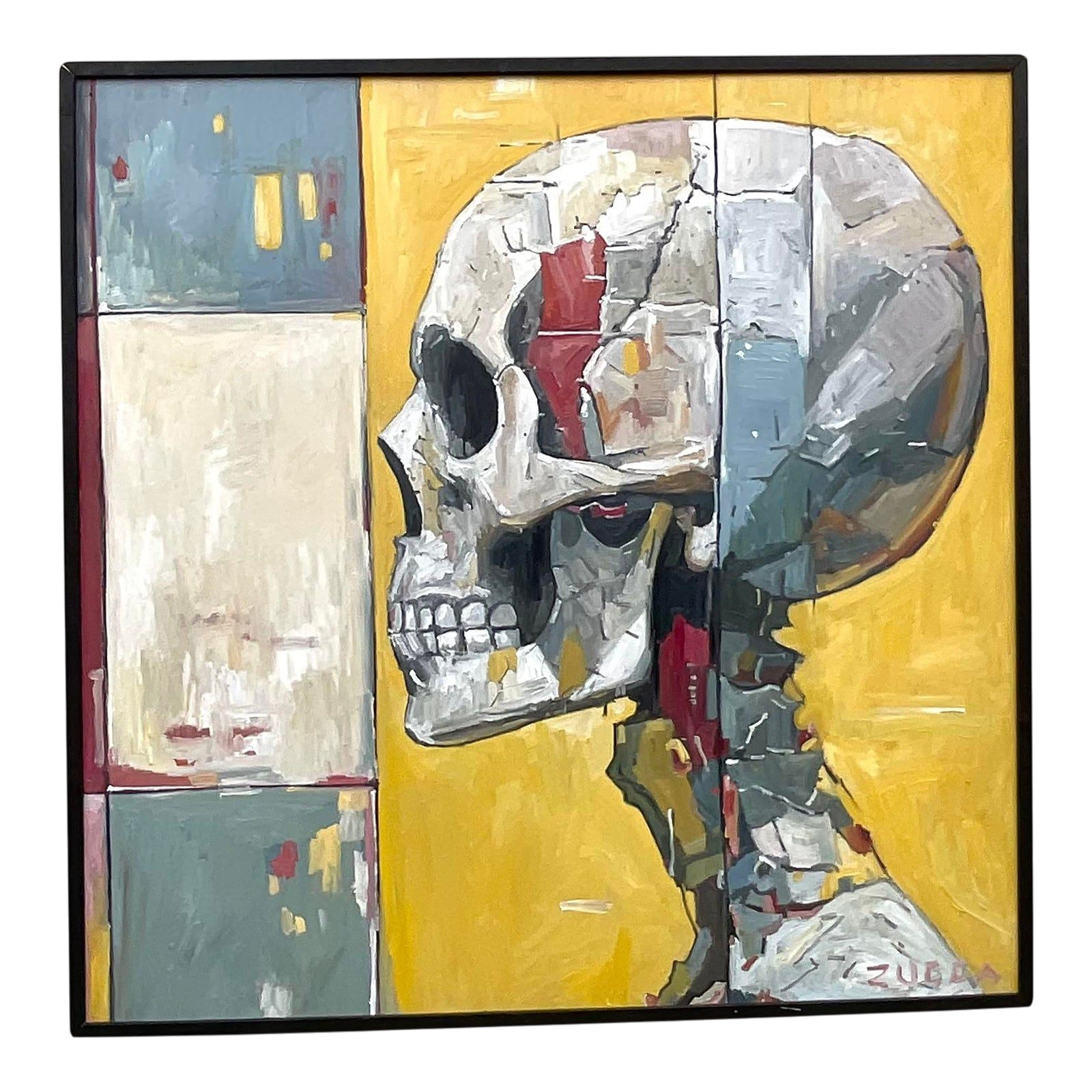 Vintage Boho Original Skull Oil Painting on Board