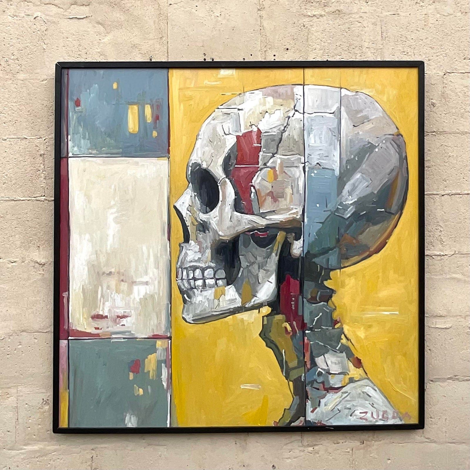 Vintage Boho Original Skull Oil Painting on Board - Side view