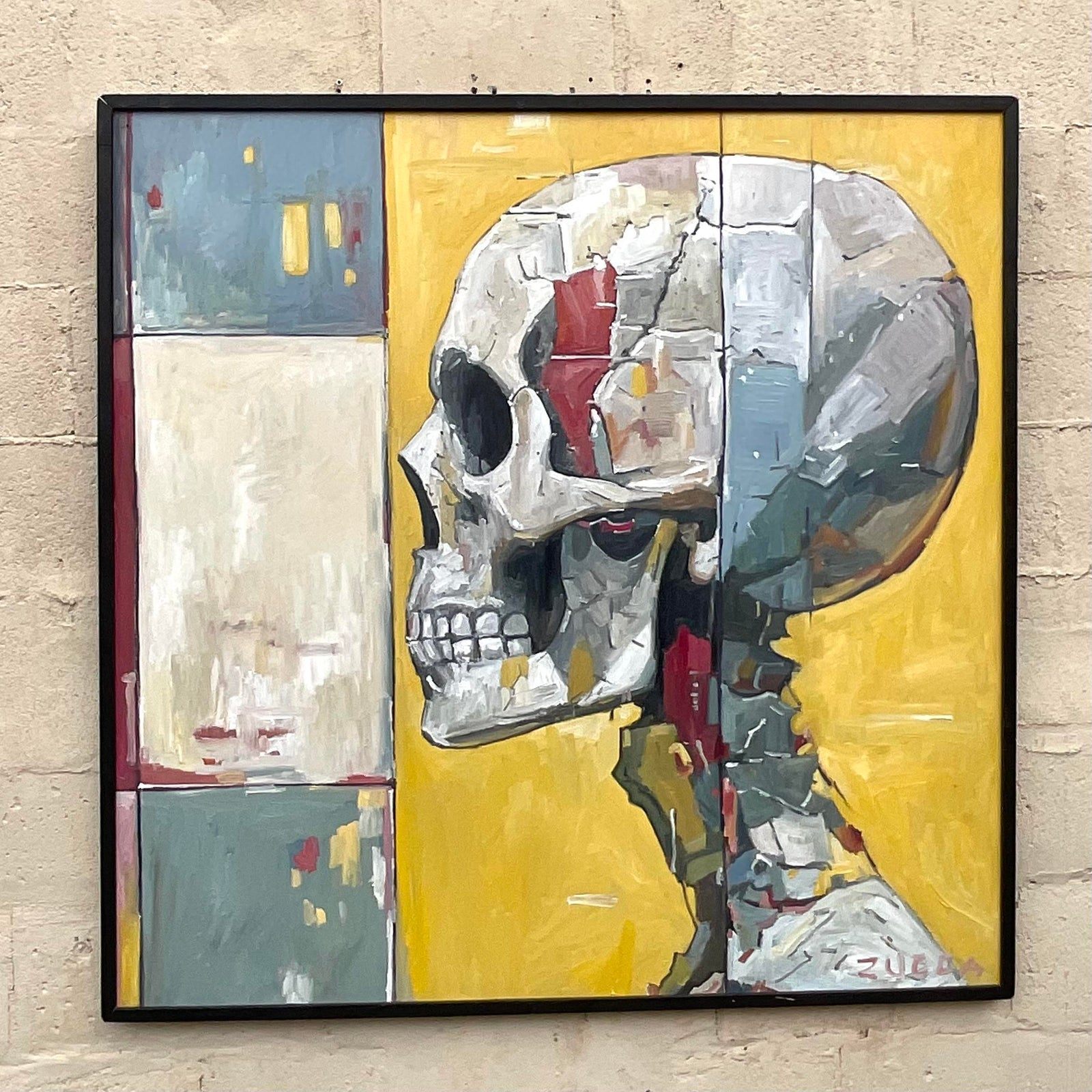 Vintage Boho Original Skull Oil Painting on Board - Top view
