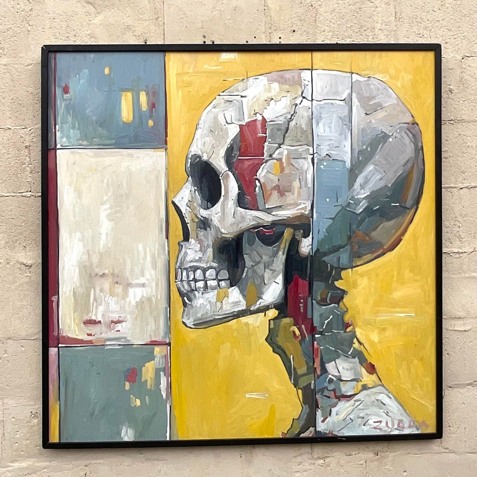 Vintage Boho Original Skull Oil Painting on Board - Back view