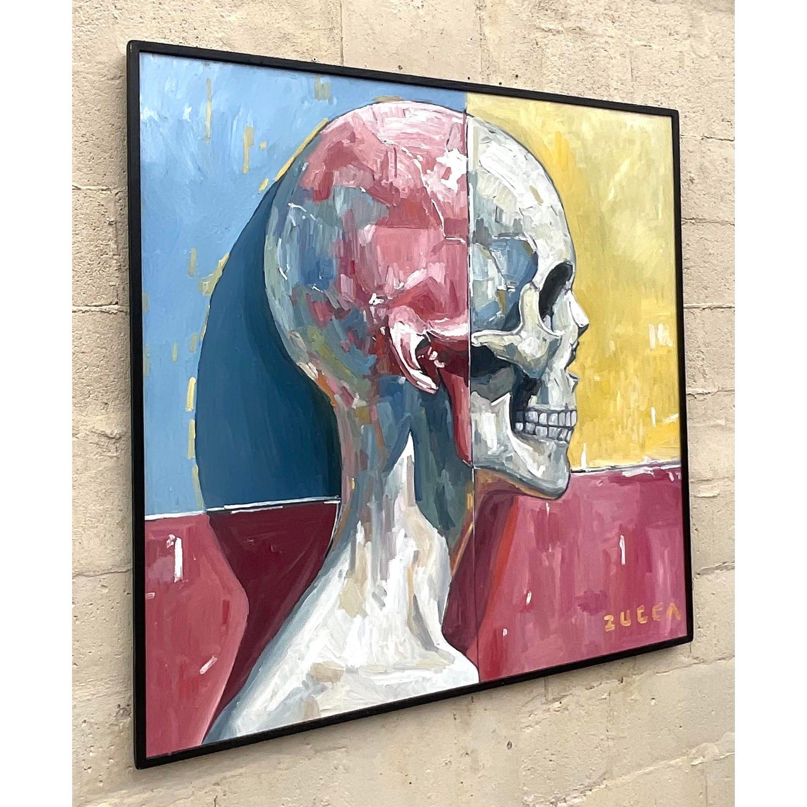 Vintage Boho Original Skull Oil Painting on Board - Detail view