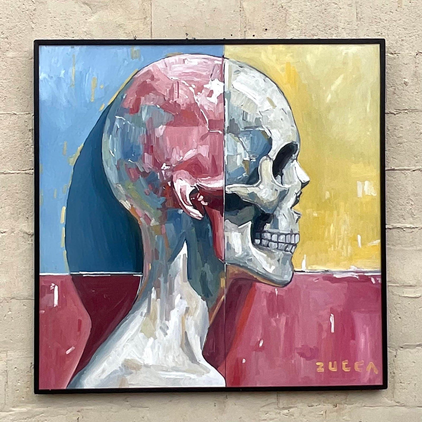 Vintage Boho Original Skull Oil Painting on Board - Top view