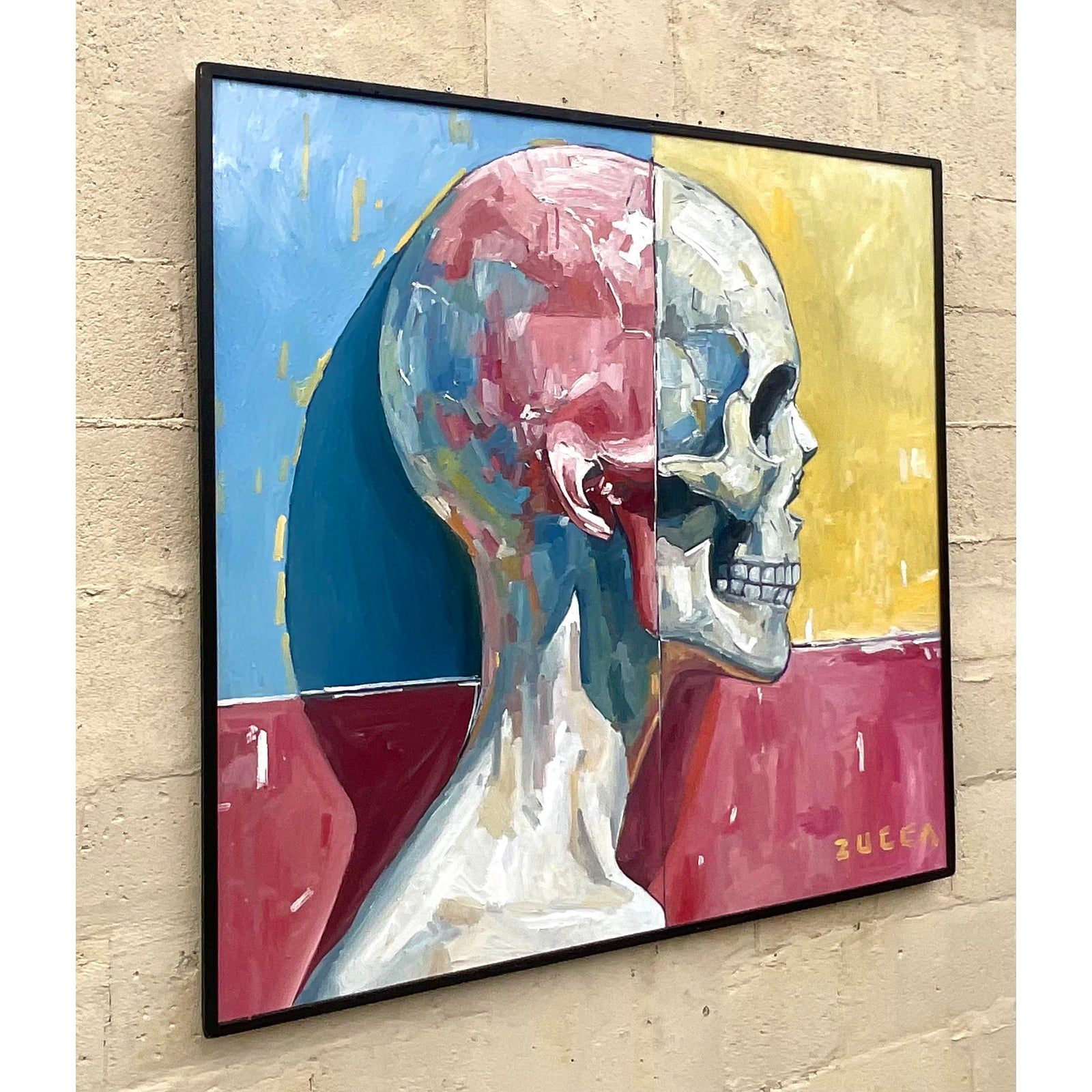 Vintage Boho Original Skull Oil Painting on Board - Back view