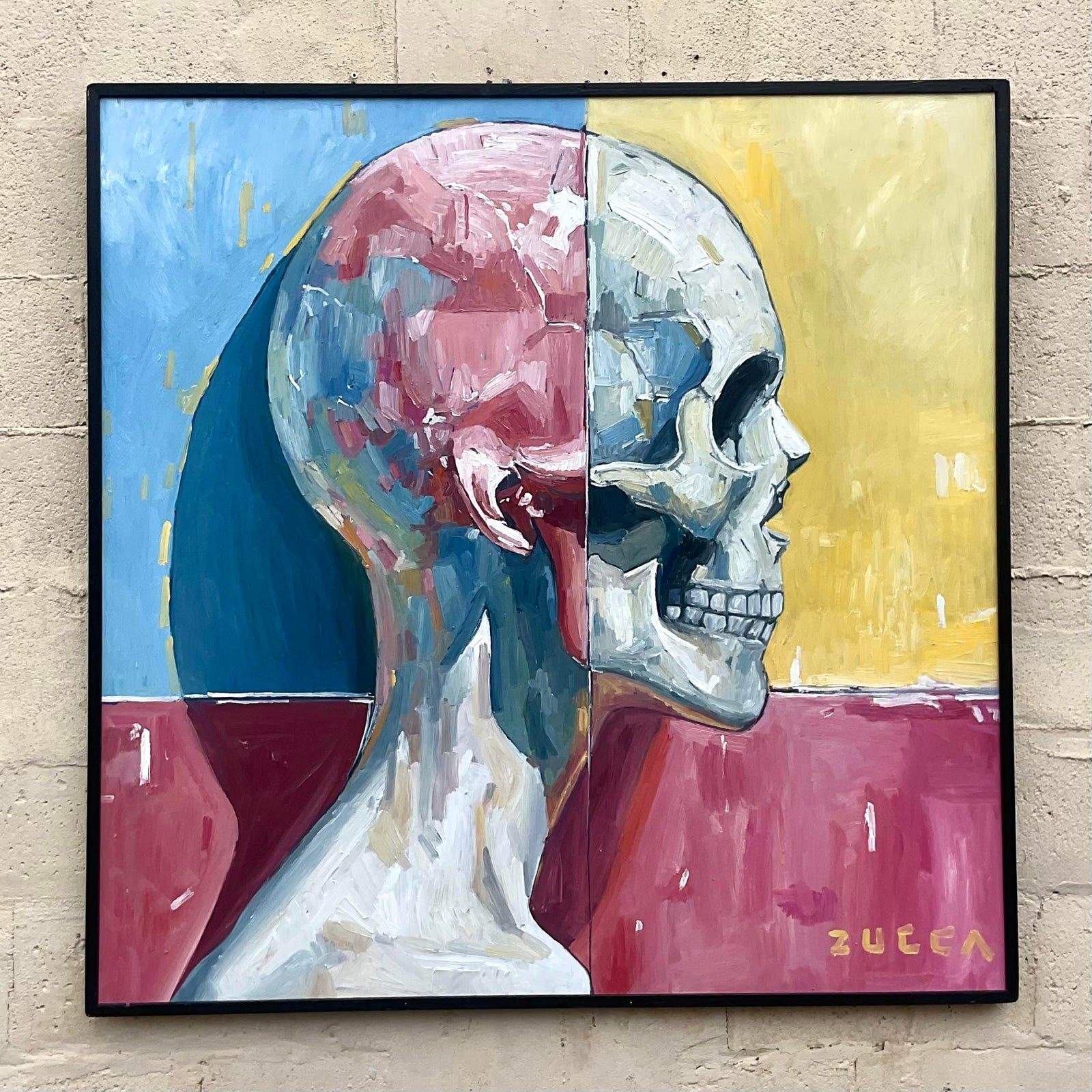 Vintage Boho Original Skull Oil Painting on Board - Side view