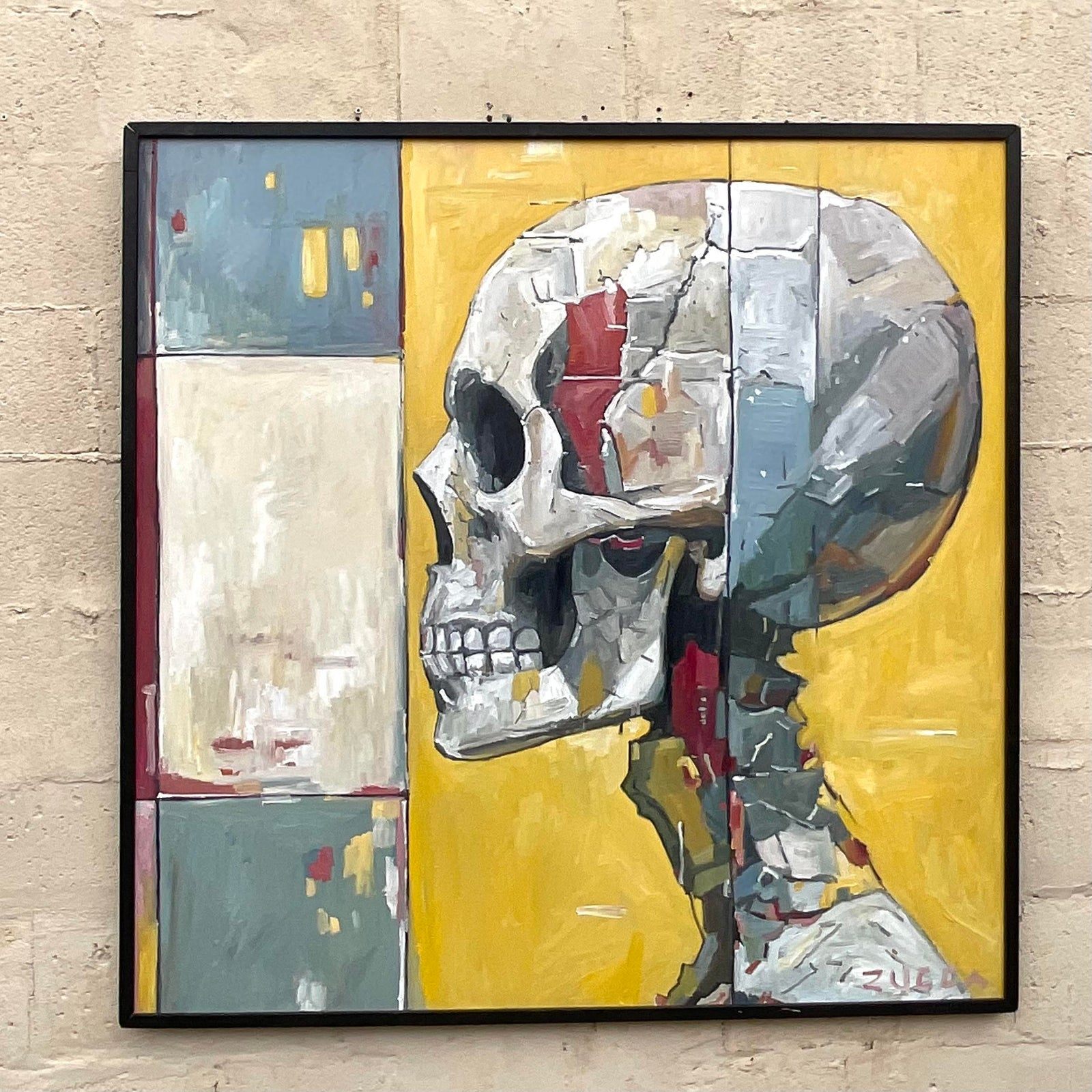 Vintage Boho Original Skull Oil Painting on Board - Detail view