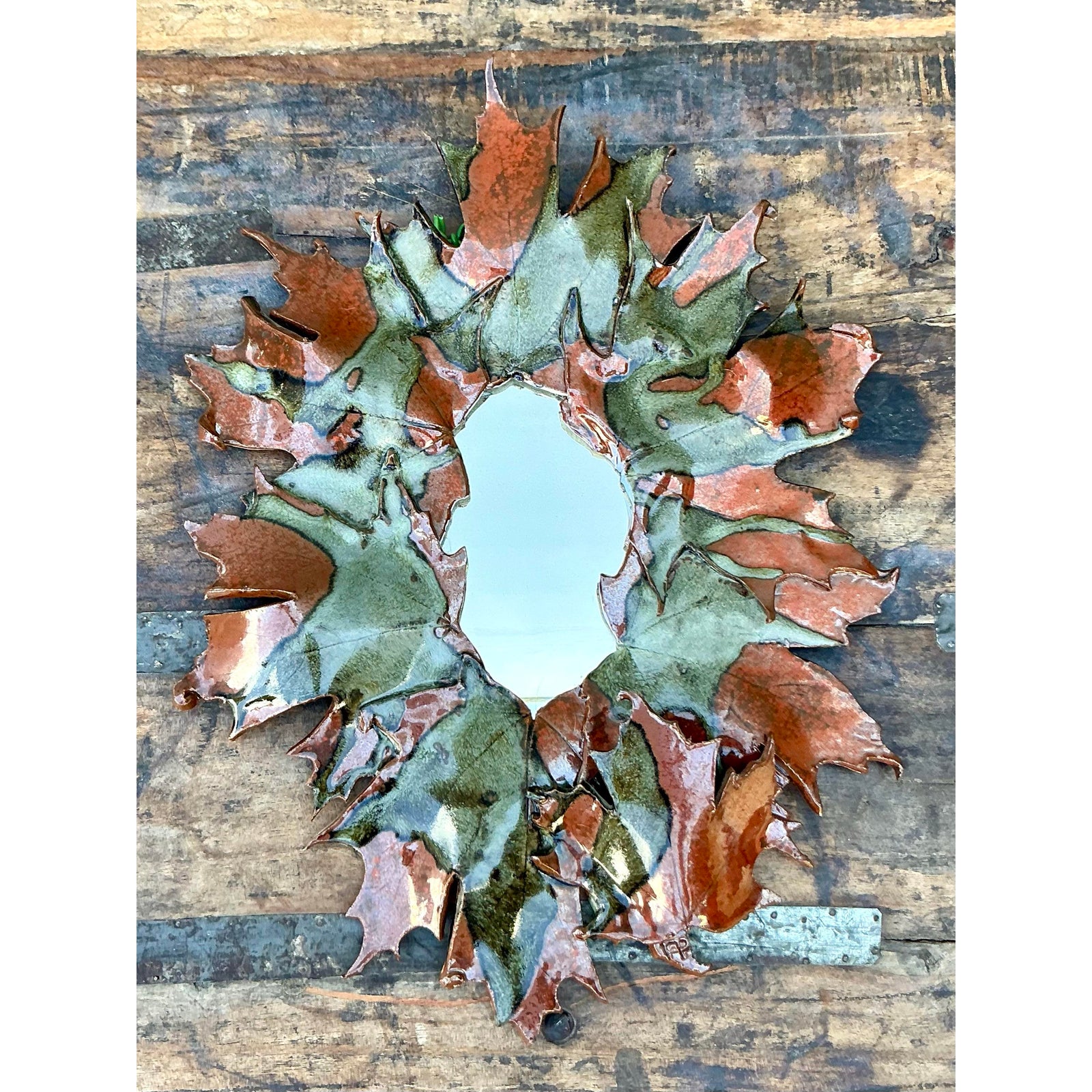 Vintage Boho Original Slab Built Studio Pottery Leaves Mirror - Side view