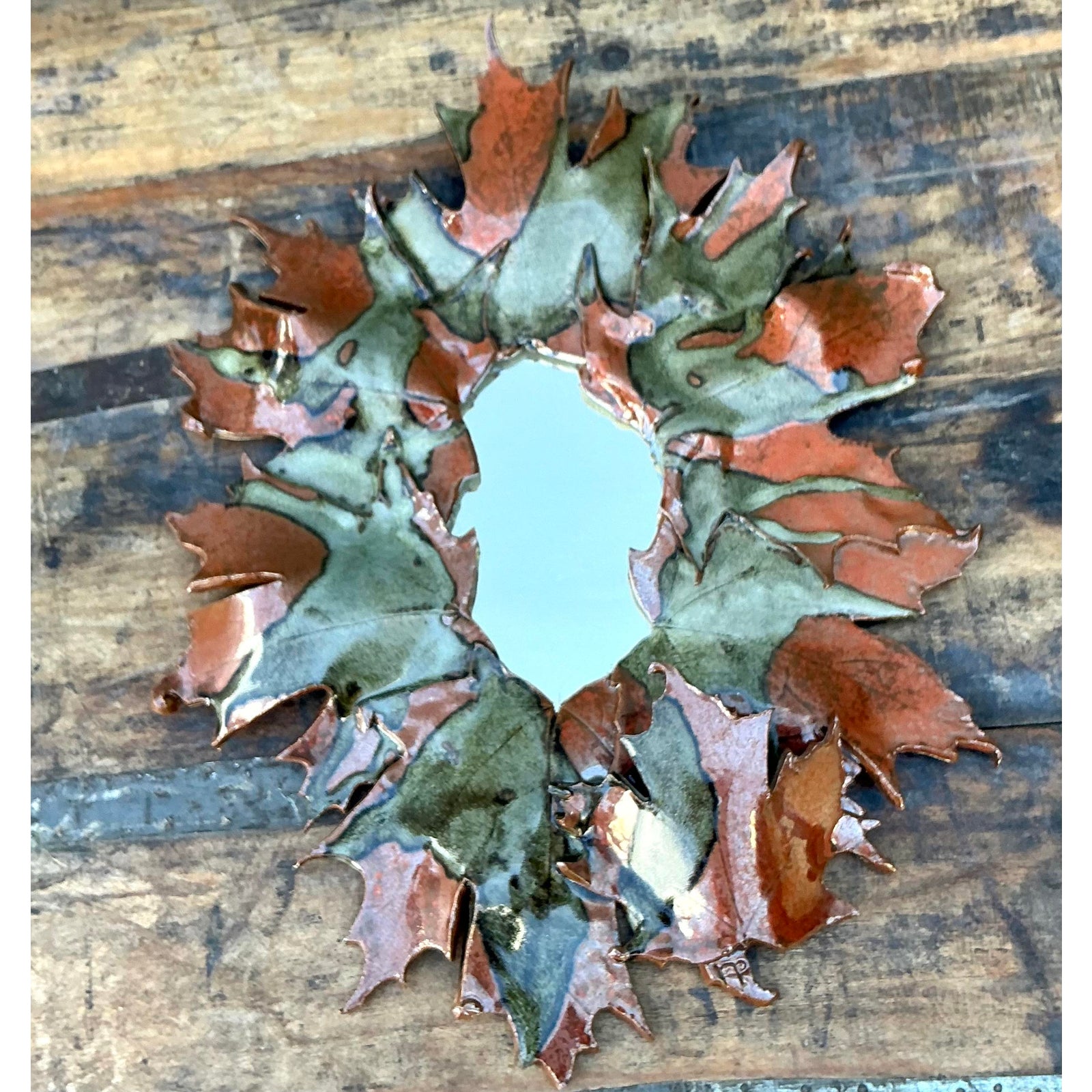 Vintage Boho Original Slab Built Studio Pottery Leaves Mirror - Detail view